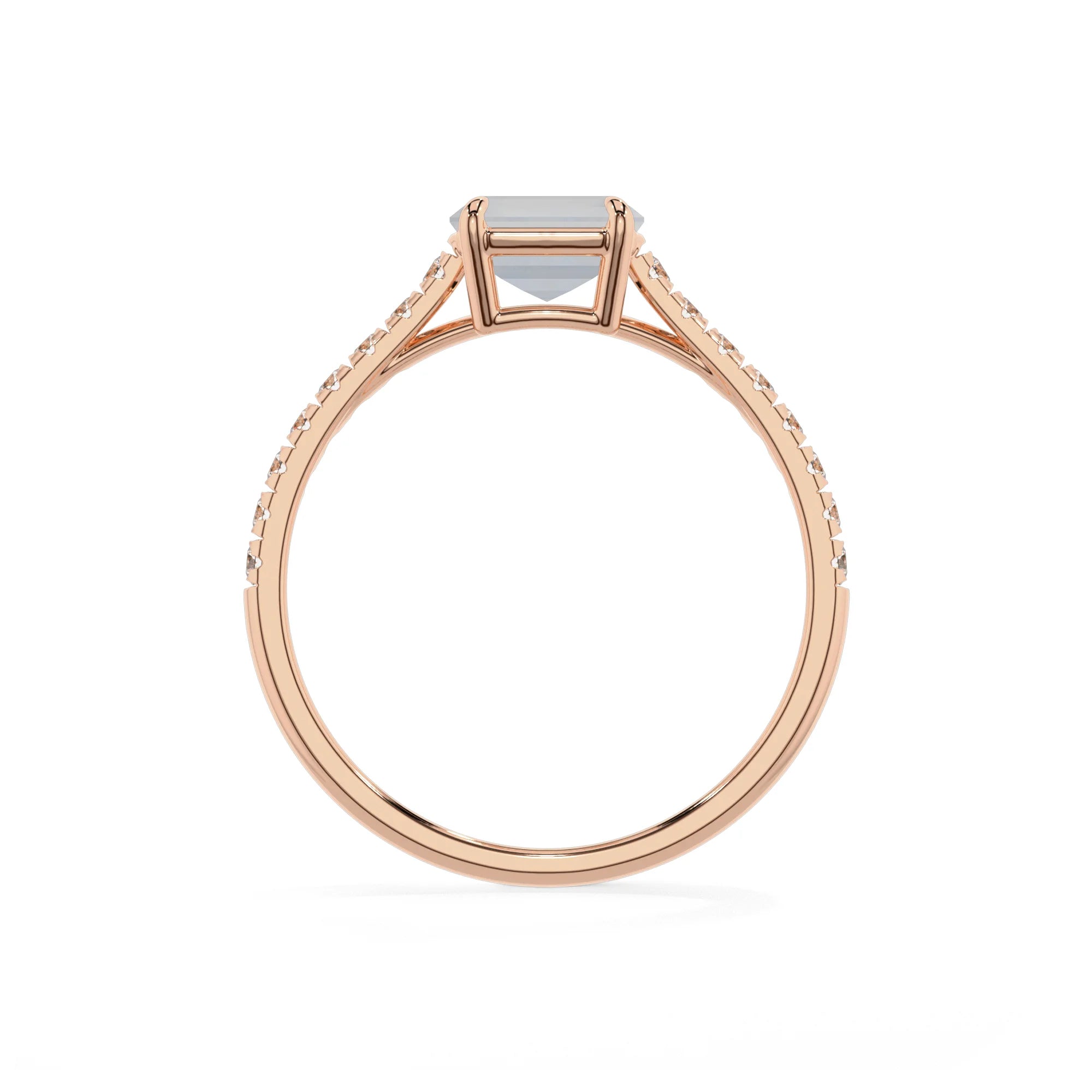 natural rainbow-moonstone emerald cut half eternity solitaire engagement rings in rose gold 