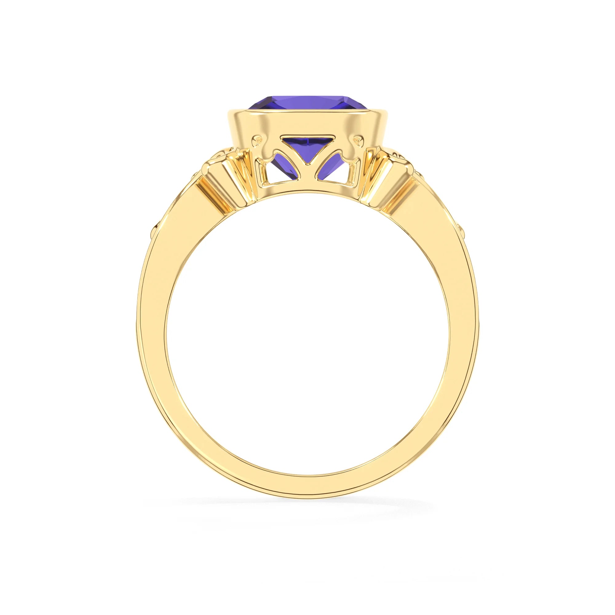 lab grown tanzanite cushion solitaire rings in yellow gold 