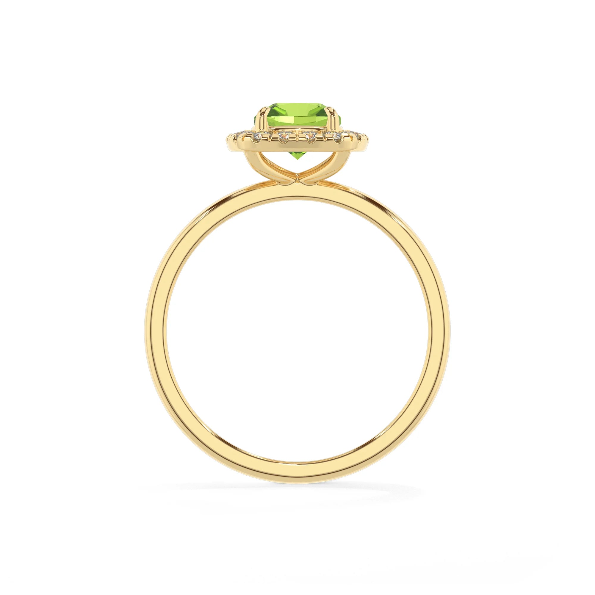 natural peridot cushion solitaire rings in yellow gold 
