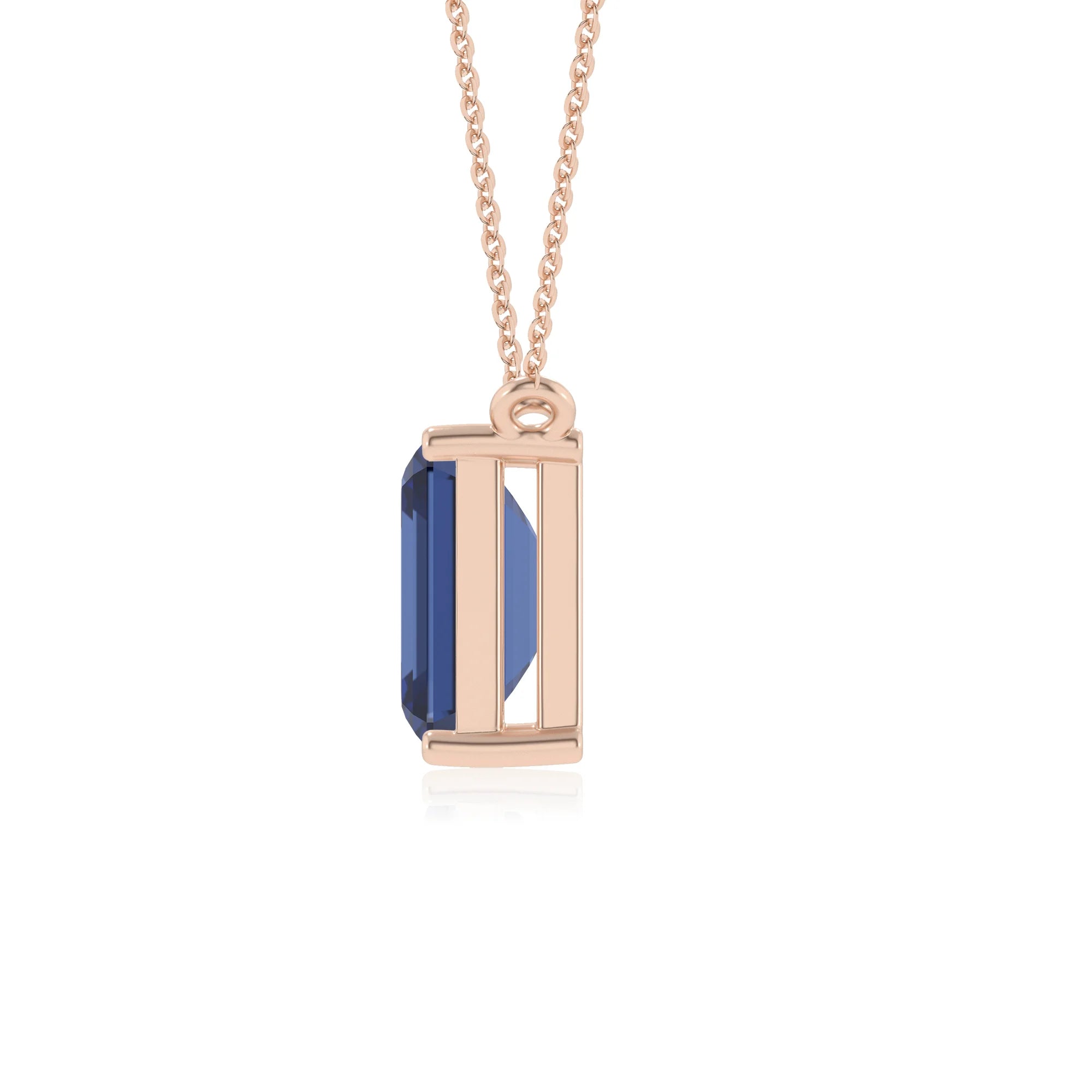 lab grown blue-sapphire emerald cut solitaire necklaces in rose gold 