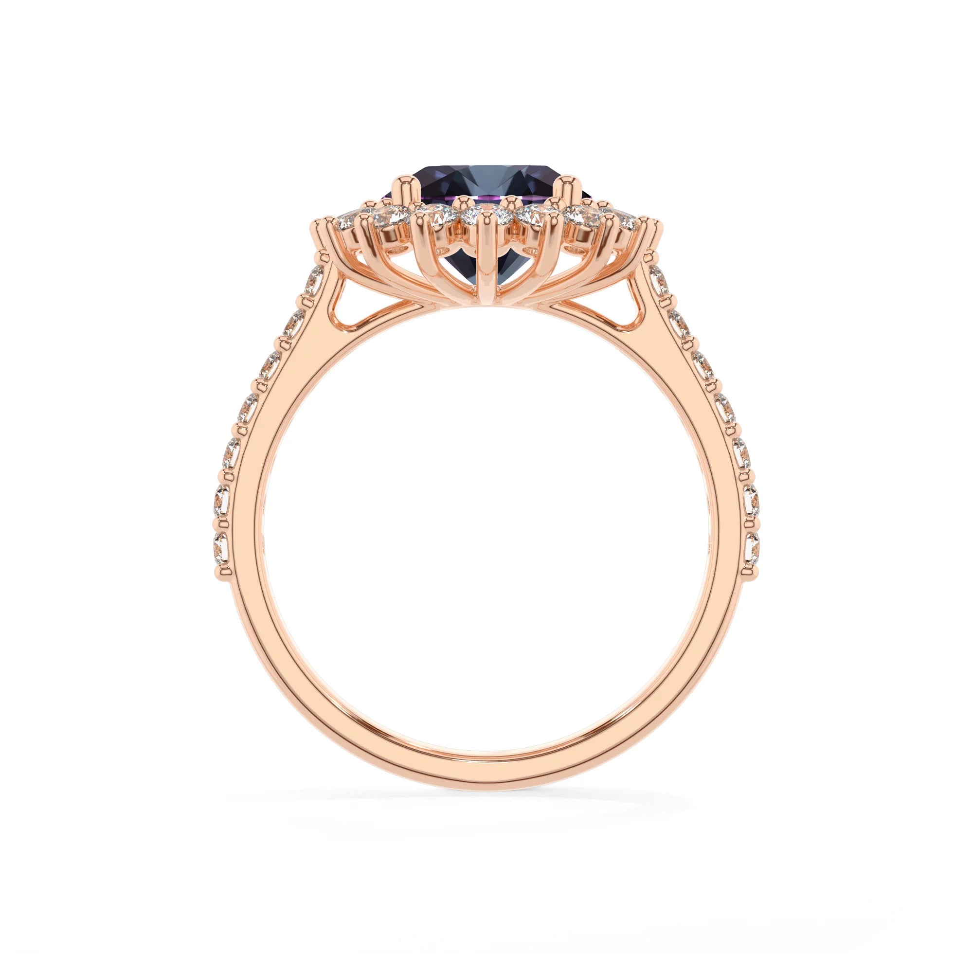 lab grown alexandrite round solitaire rings in rose gold 