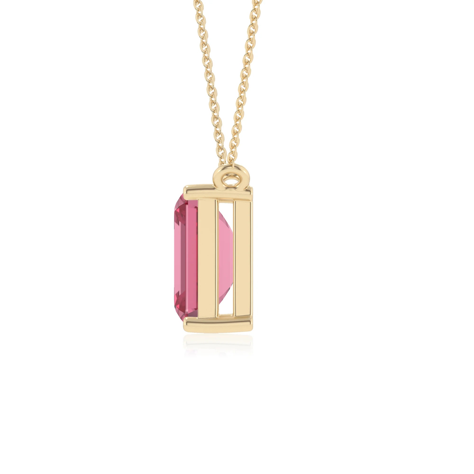lab grown pink-tourmaline emerald cut solitaire necklaces in yellow gold 