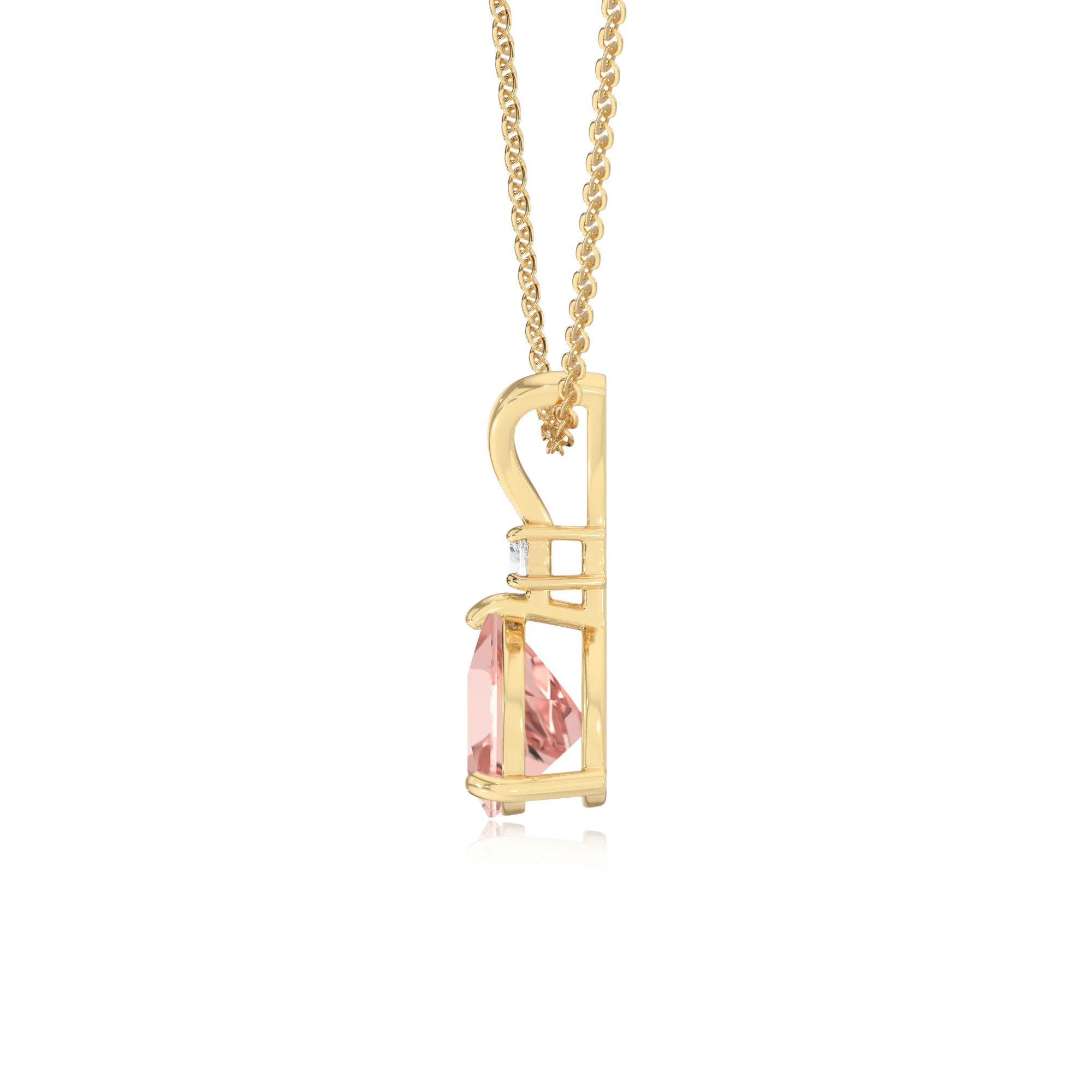 lab grown morganite trillion solitaire v-bale necklaces in yellow gold 