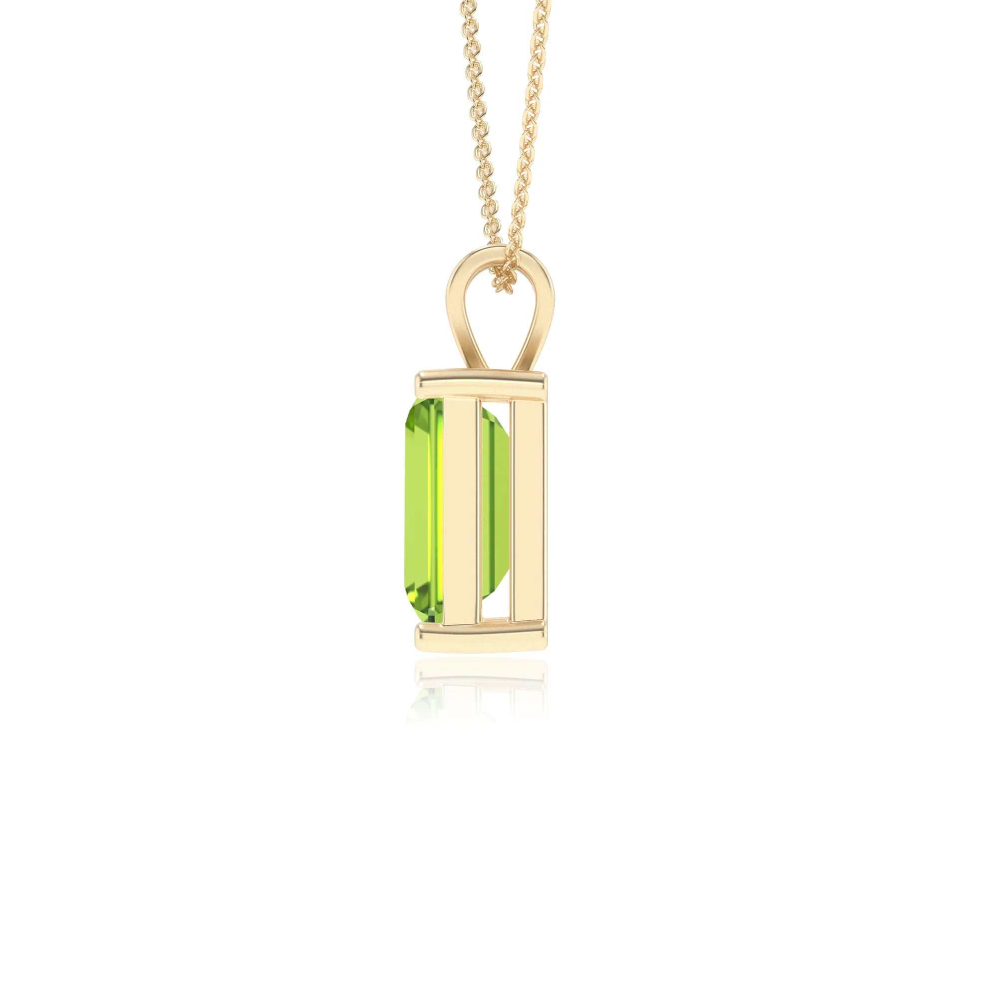 natural peridot emerald cut solitaire v-bale necklaces in yellow gold 