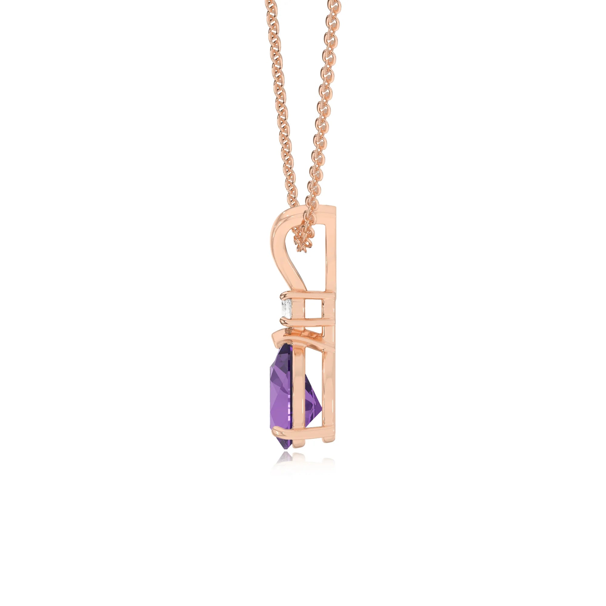 lab grown amethyst pear solitaire v-bale necklaces in rose gold 