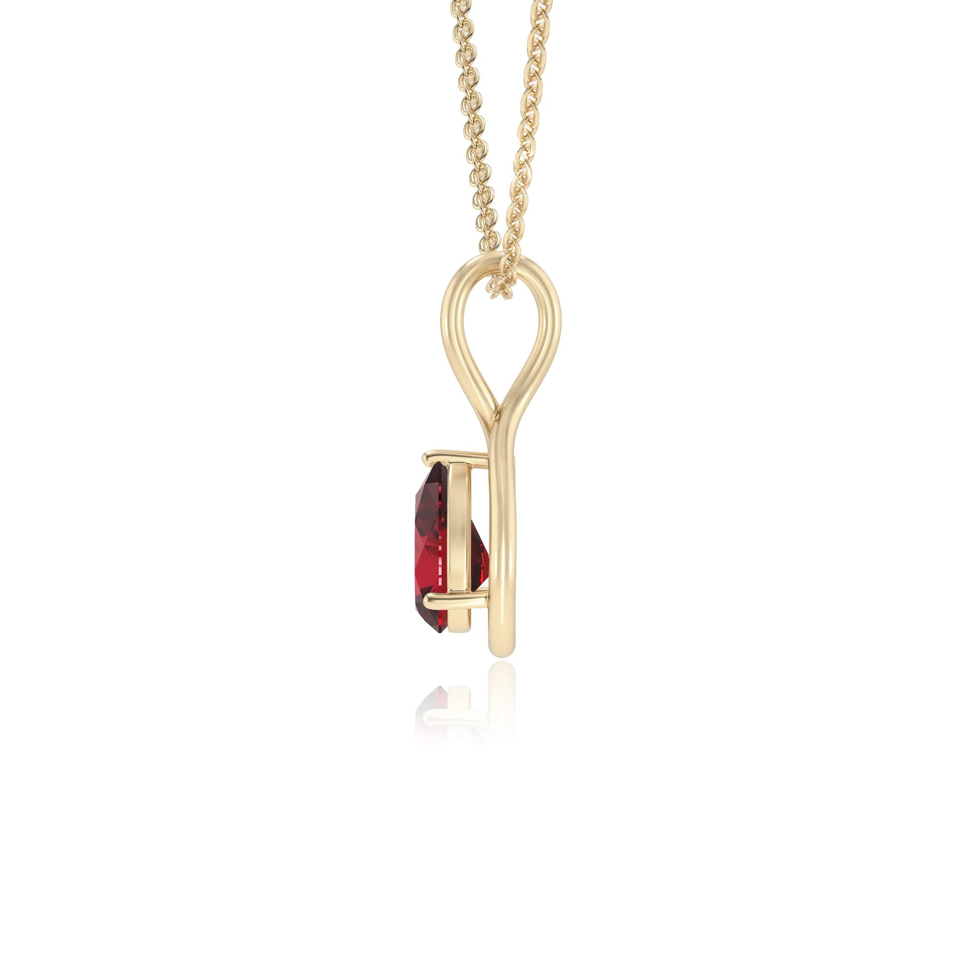 lab grown ruby pear solitaire necklaces in yellow gold 
