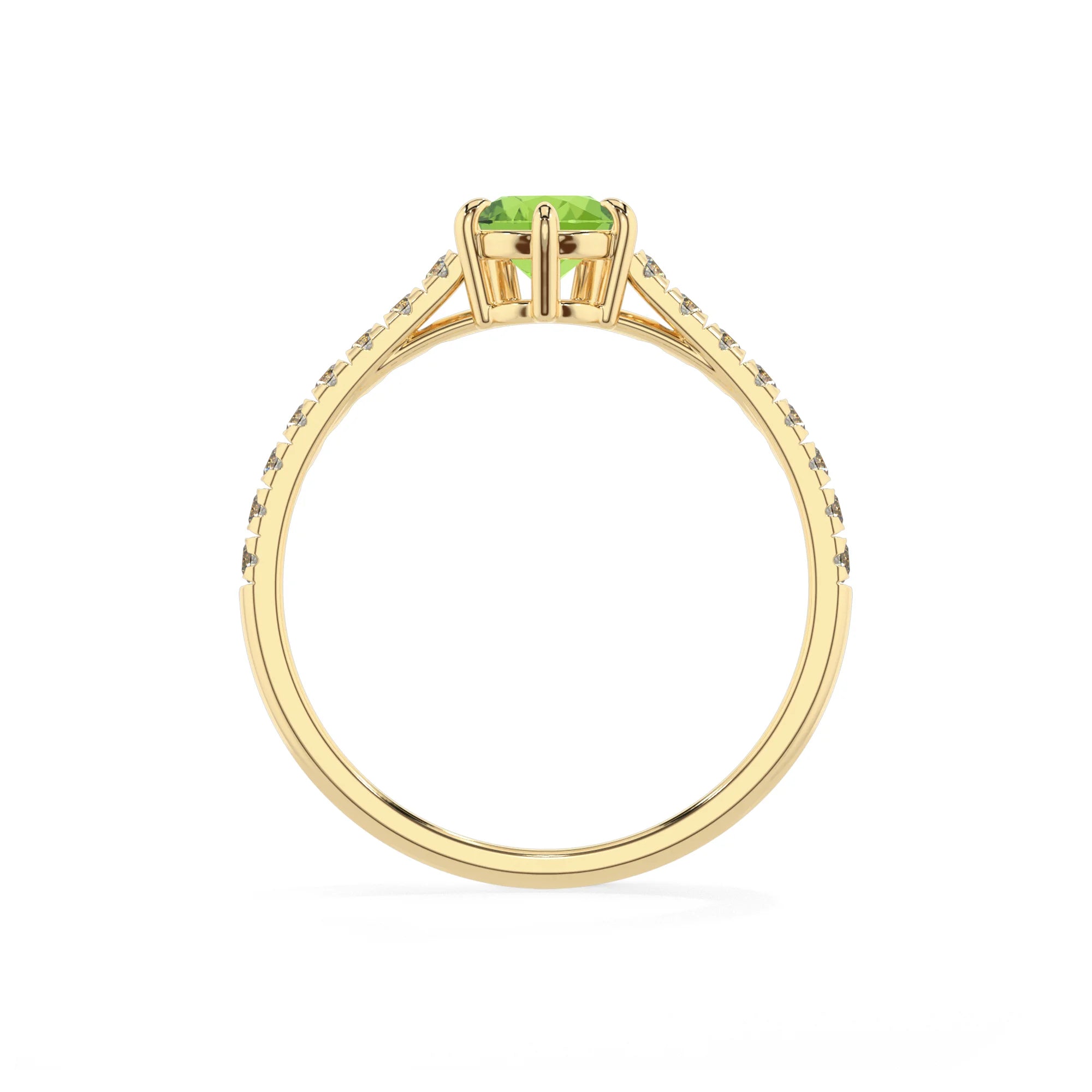 natural peridot pear half eternity solitaire engagement rings in yellow gold 