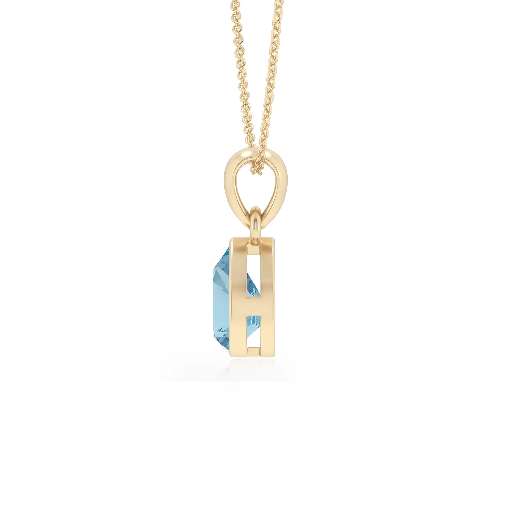 lab grown aquamarine pear solitaire necklaces in yellow gold 