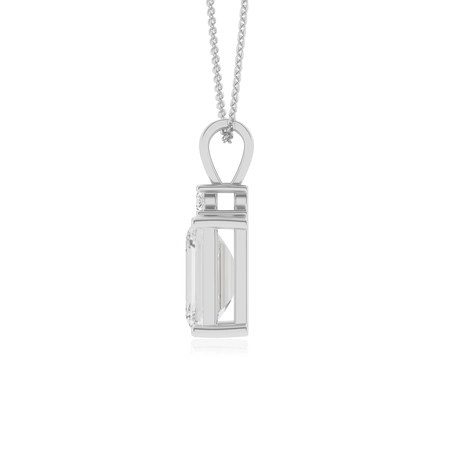 lab grown moissanite emerald cut solitaire v-bale necklaces in white gold 