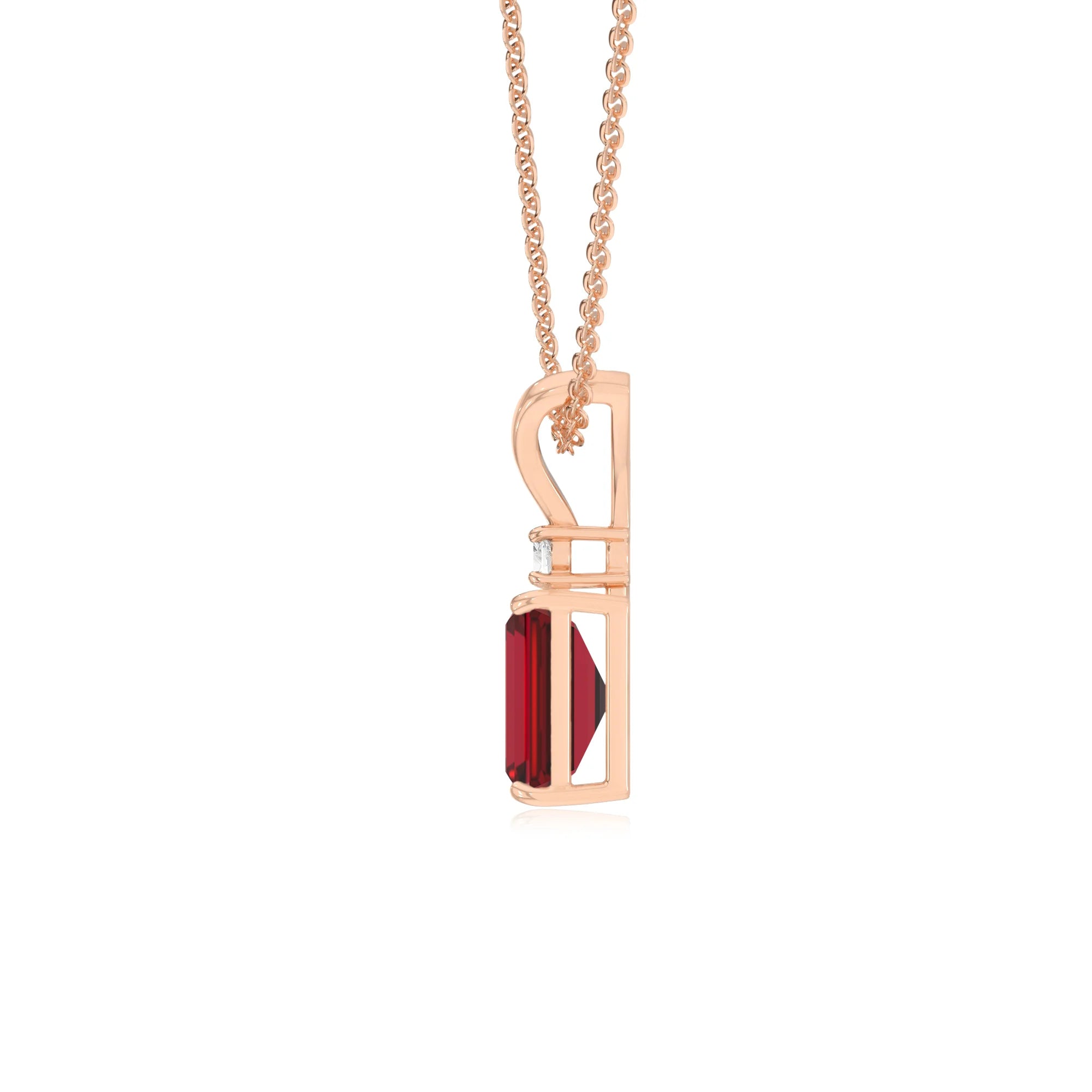 lab grown ruby emerald cut solitaire v-bale necklaces in rose gold 