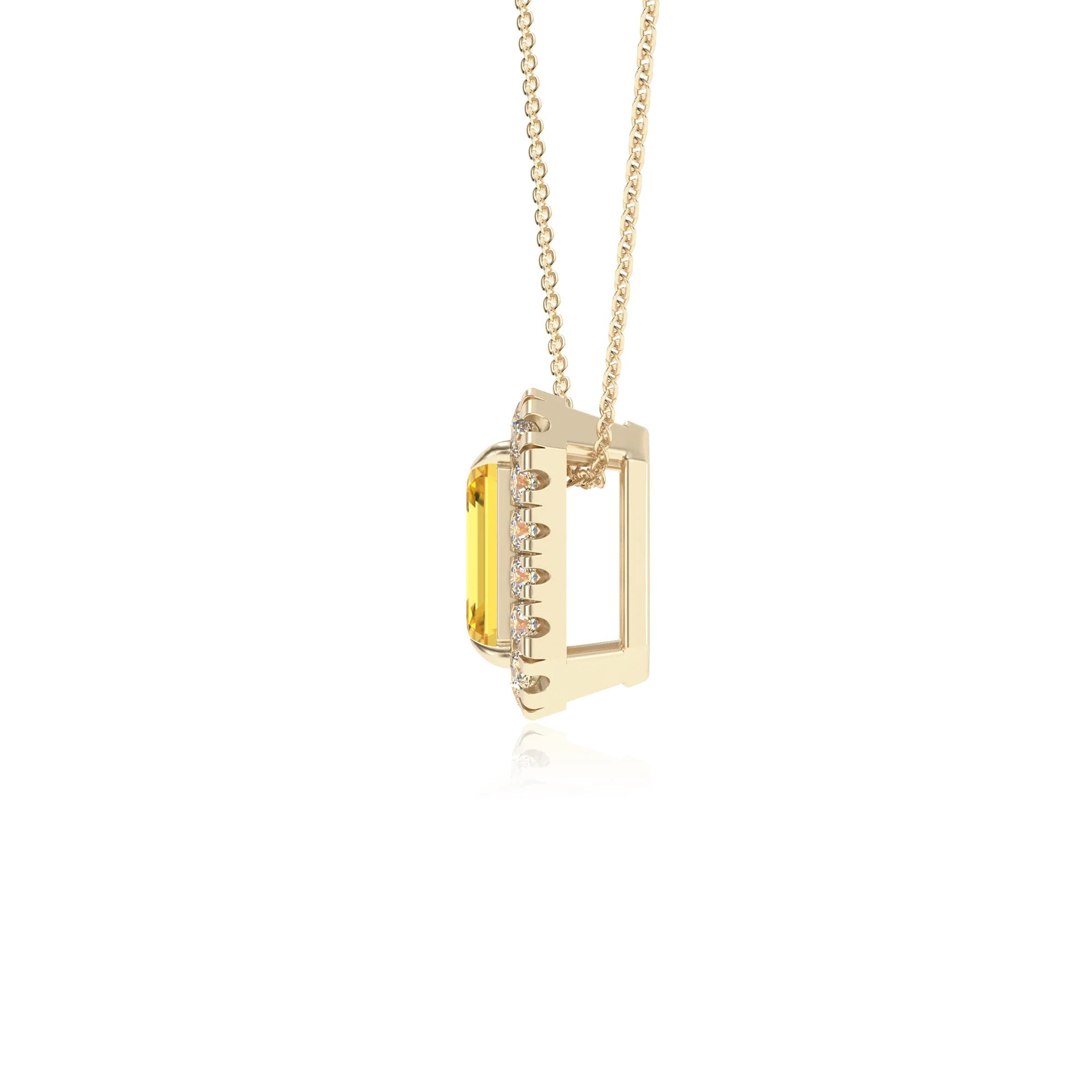 lab grown yellow sapphire emerald cut solitaire necklaces in yellow gold 