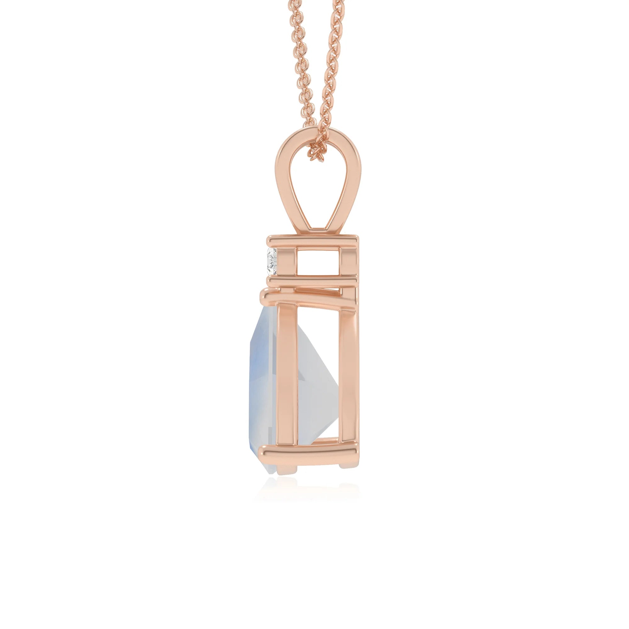 natural rainbow-moonstone trillion solitaire v-bale necklaces in rose gold 