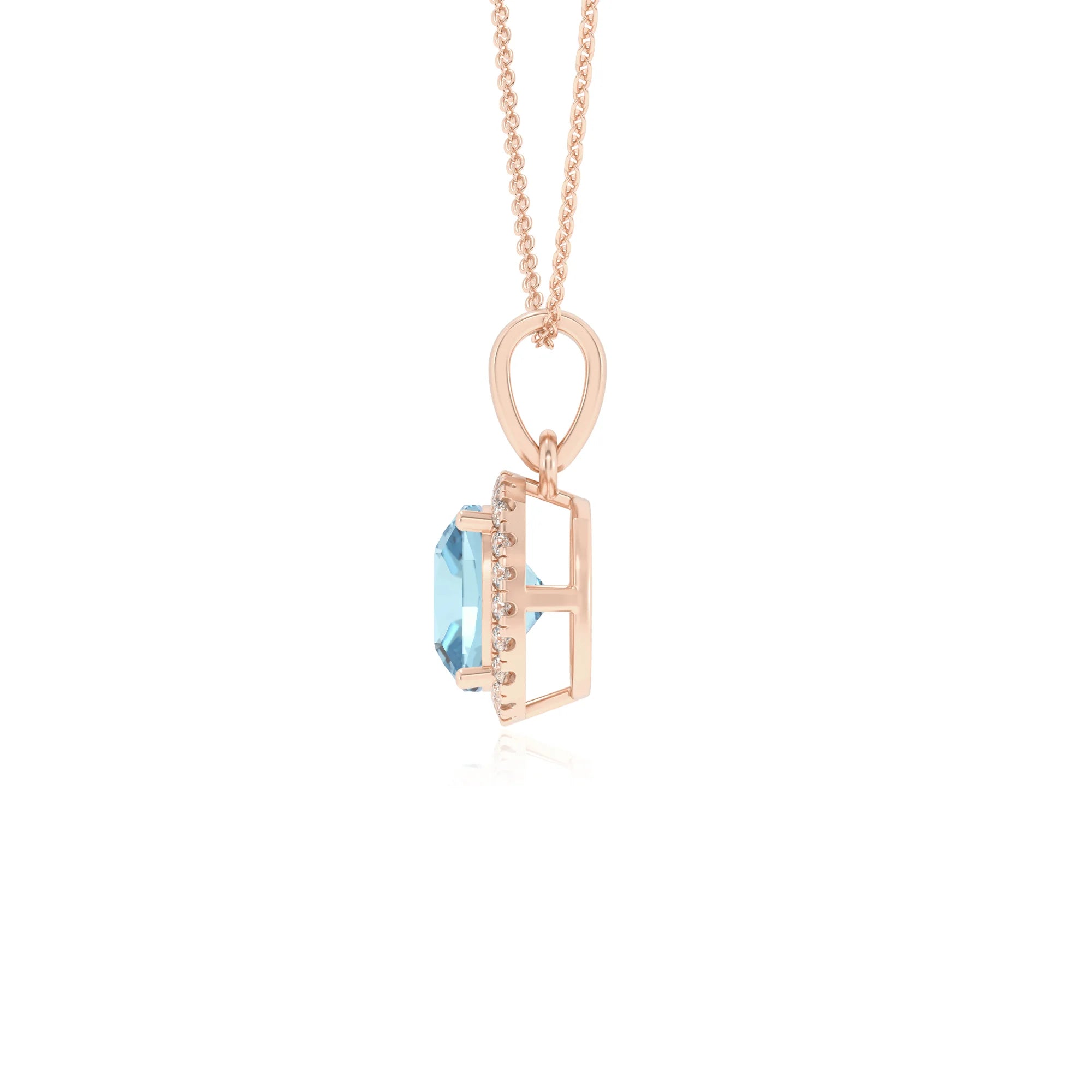 lab grown aquamarine cushion solitaire necklaces in rose gold 