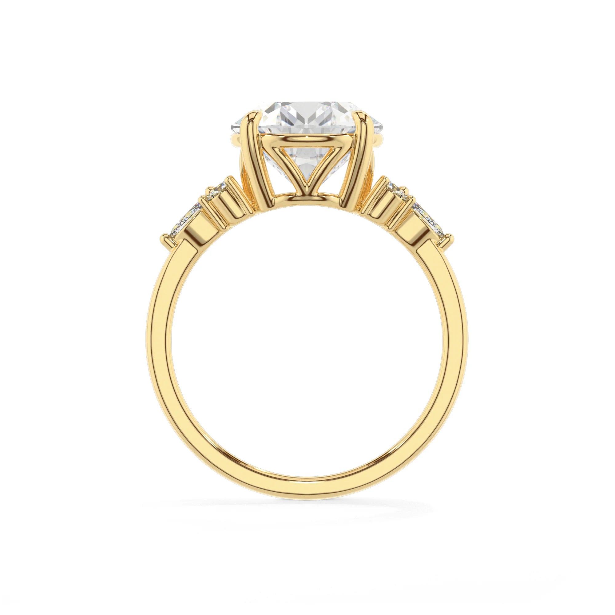 lab grown moissanite round solitaire rings in yellow gold 