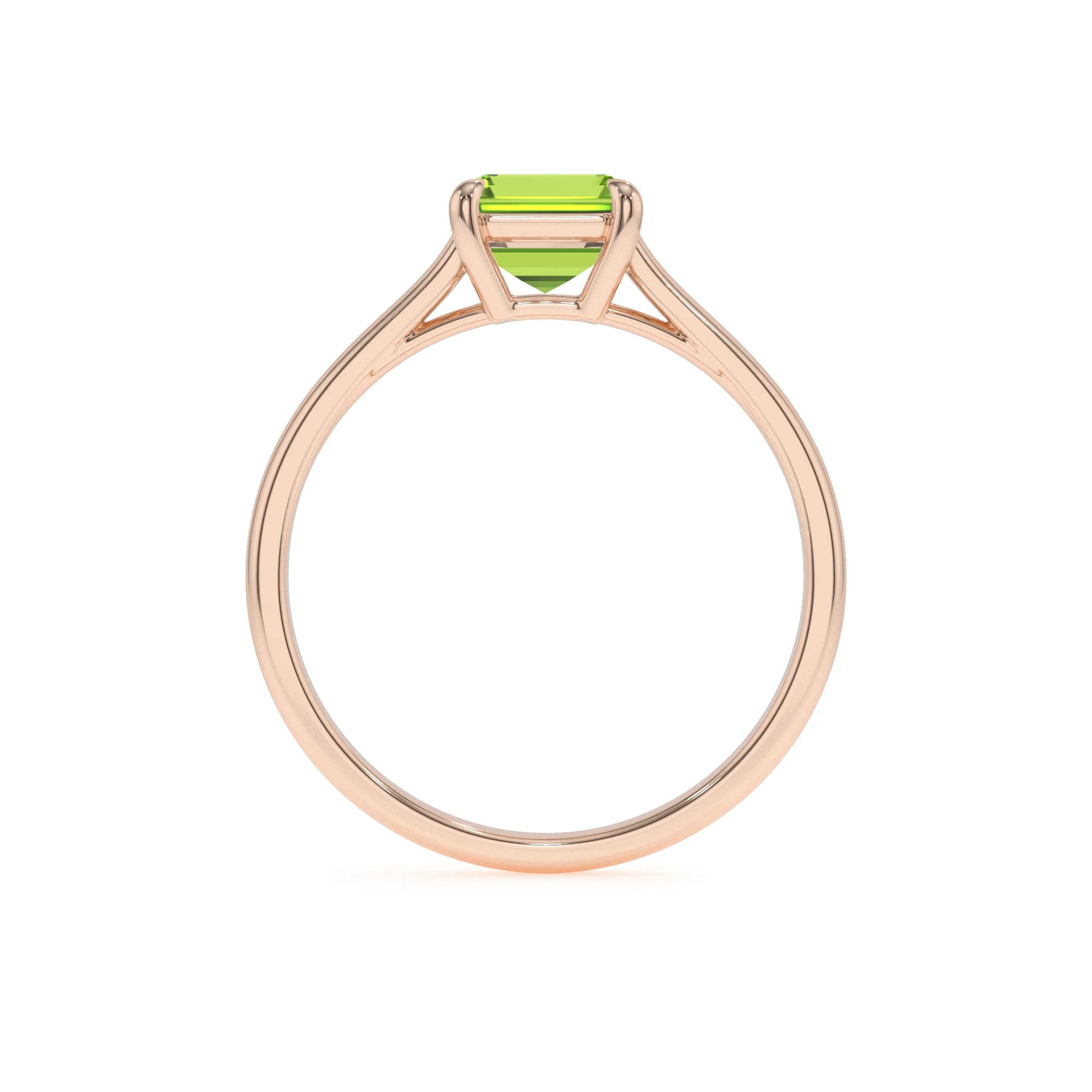 natural peridot emerald cut solitaire rings in rose gold 