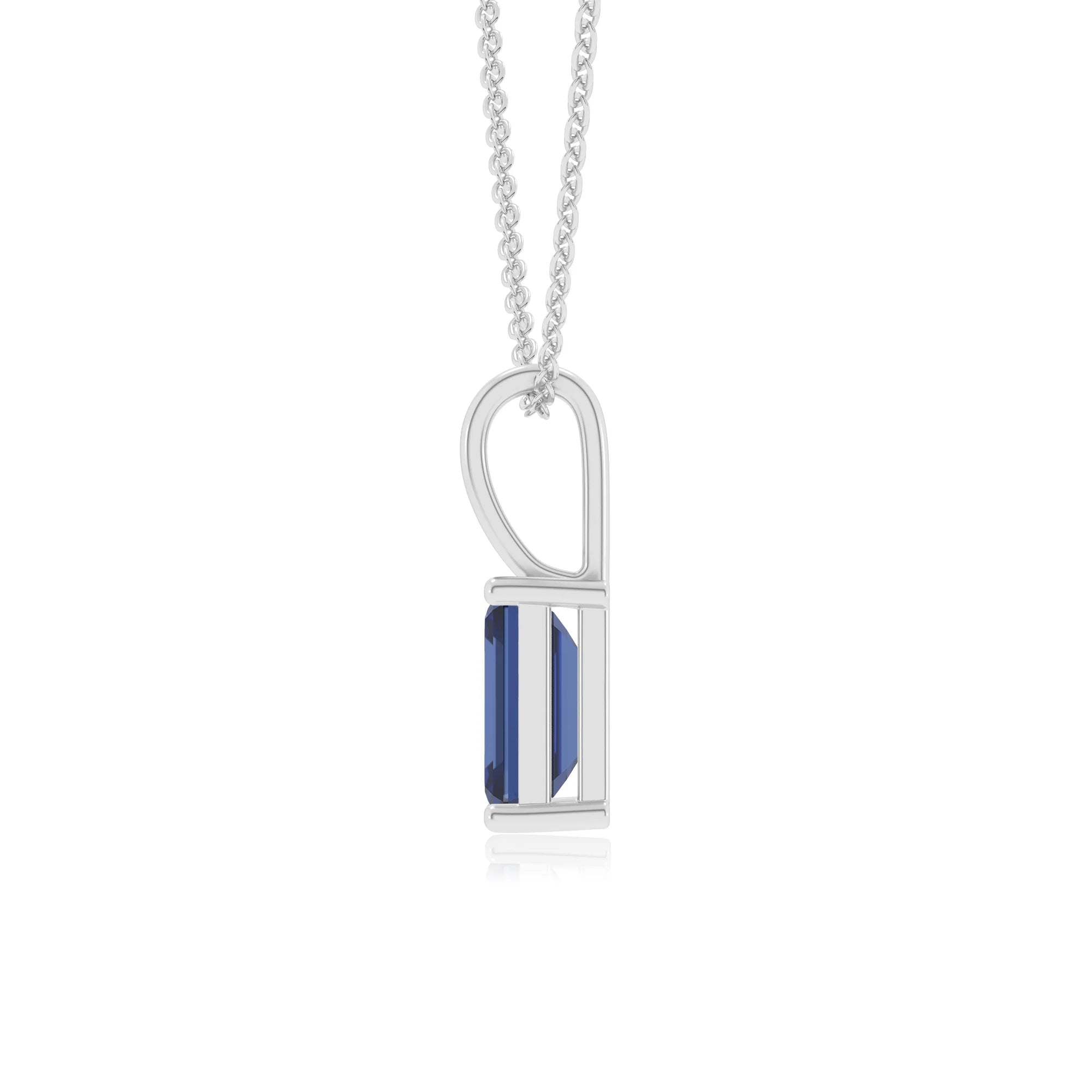 lab grown blue-sapphire emerald cut solitaire necklaces in white gold 