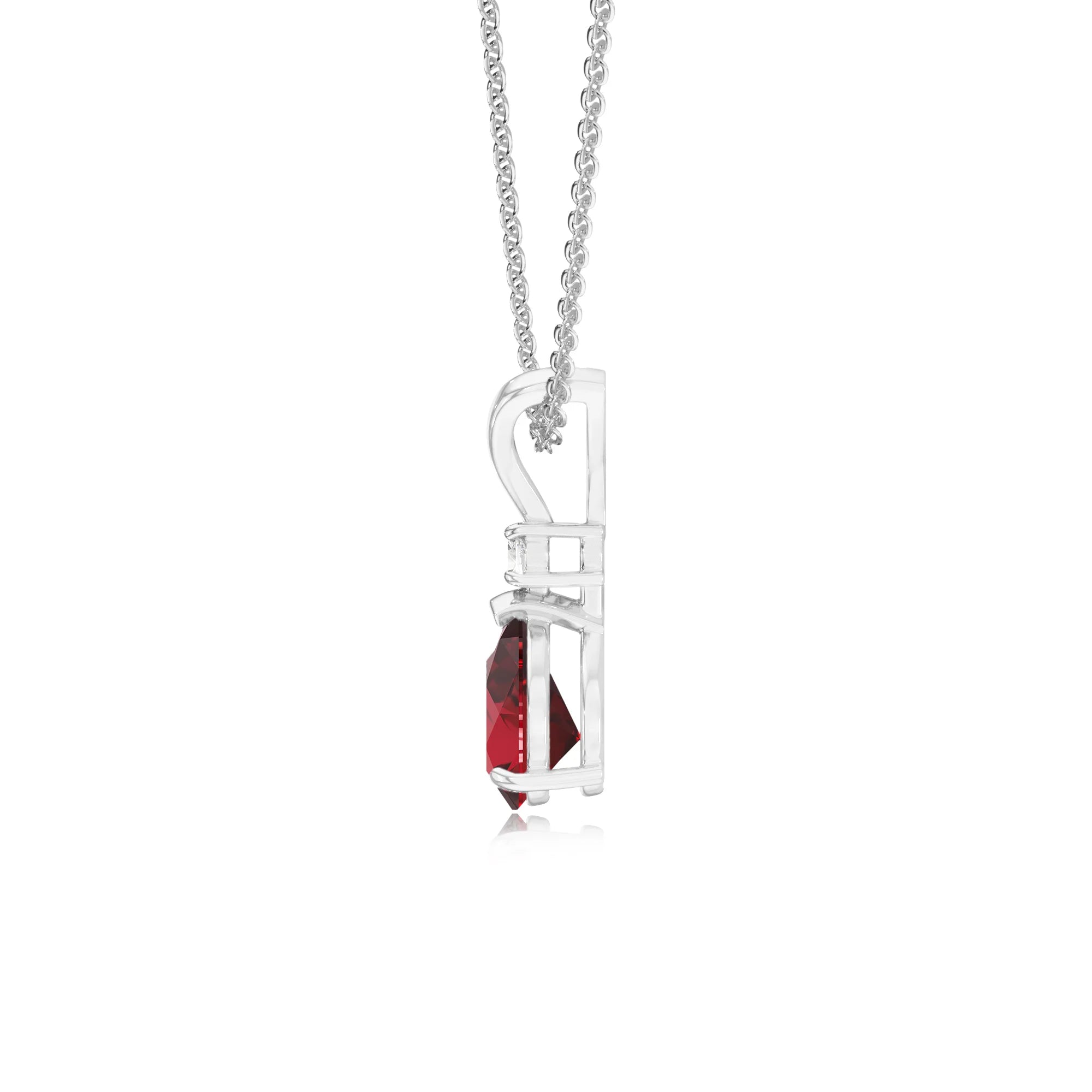 lab grown ruby pear solitaire v-bale necklaces in sterling silver 