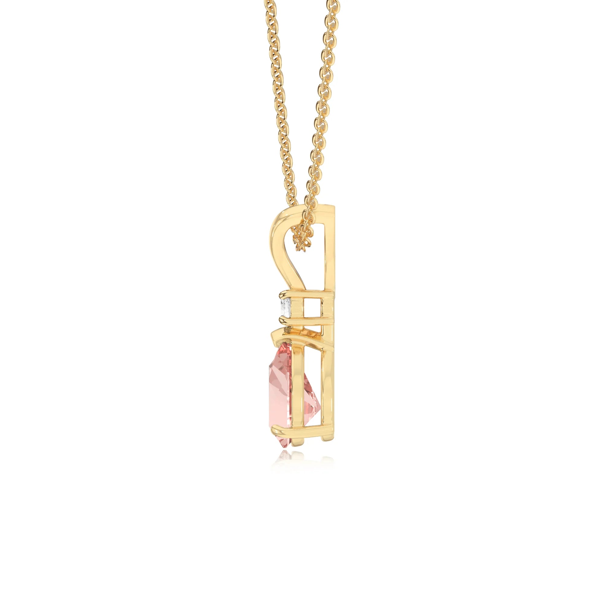 lab grown morganite pear solitaire v-bale necklaces in yellow gold 