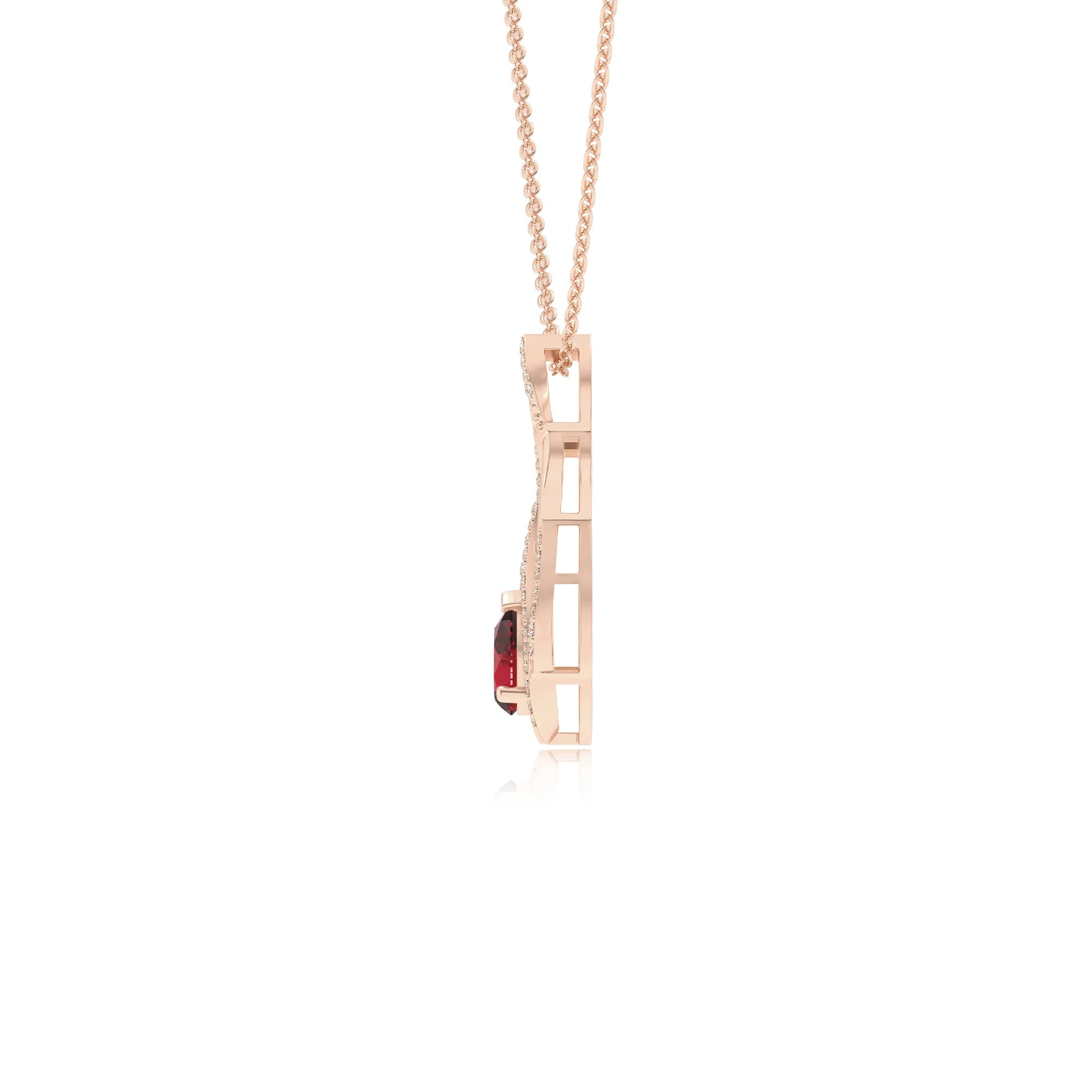 lab grown ruby pear solitaire necklaces in rose gold 