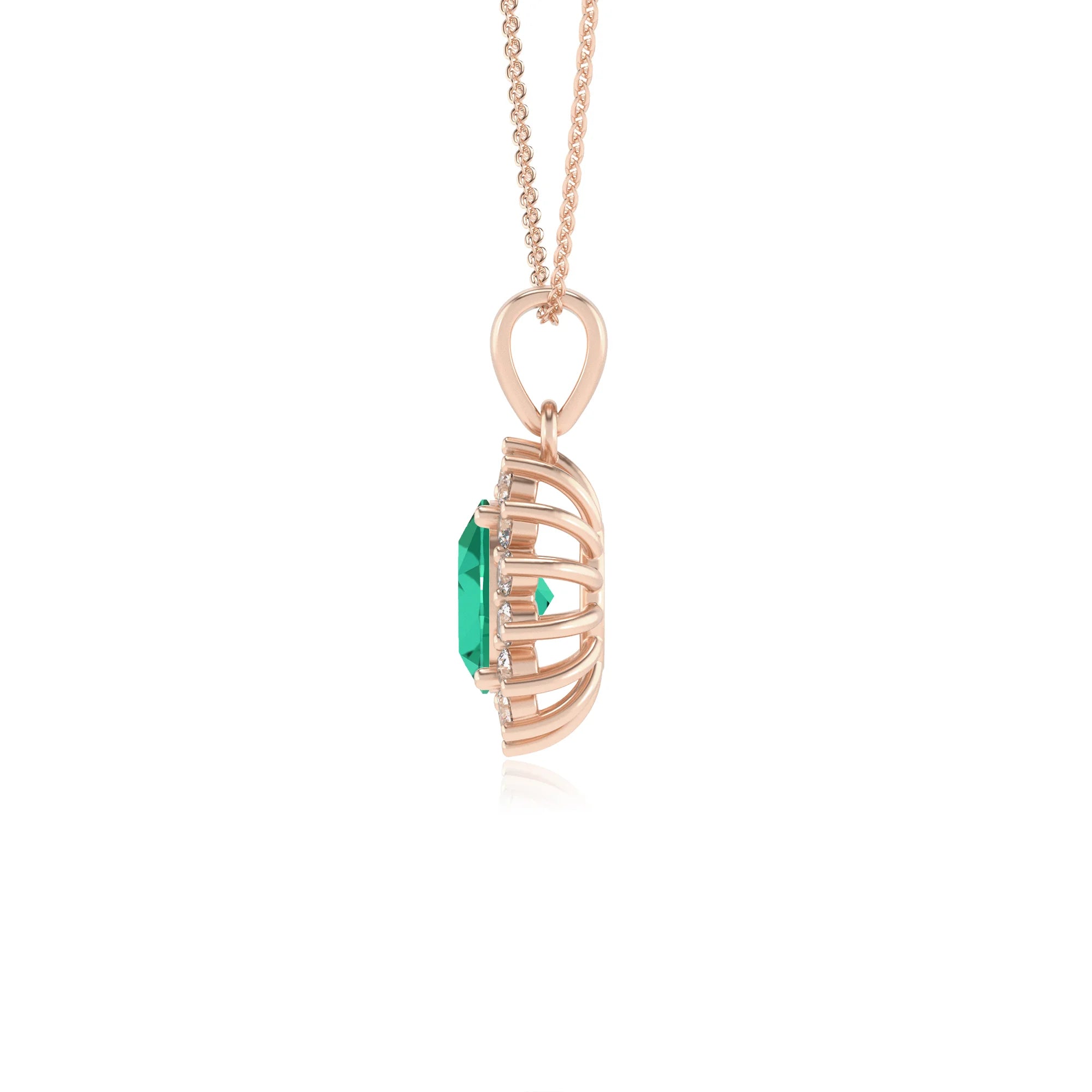 lab grown emerald oval halo necklaces in rose gold 