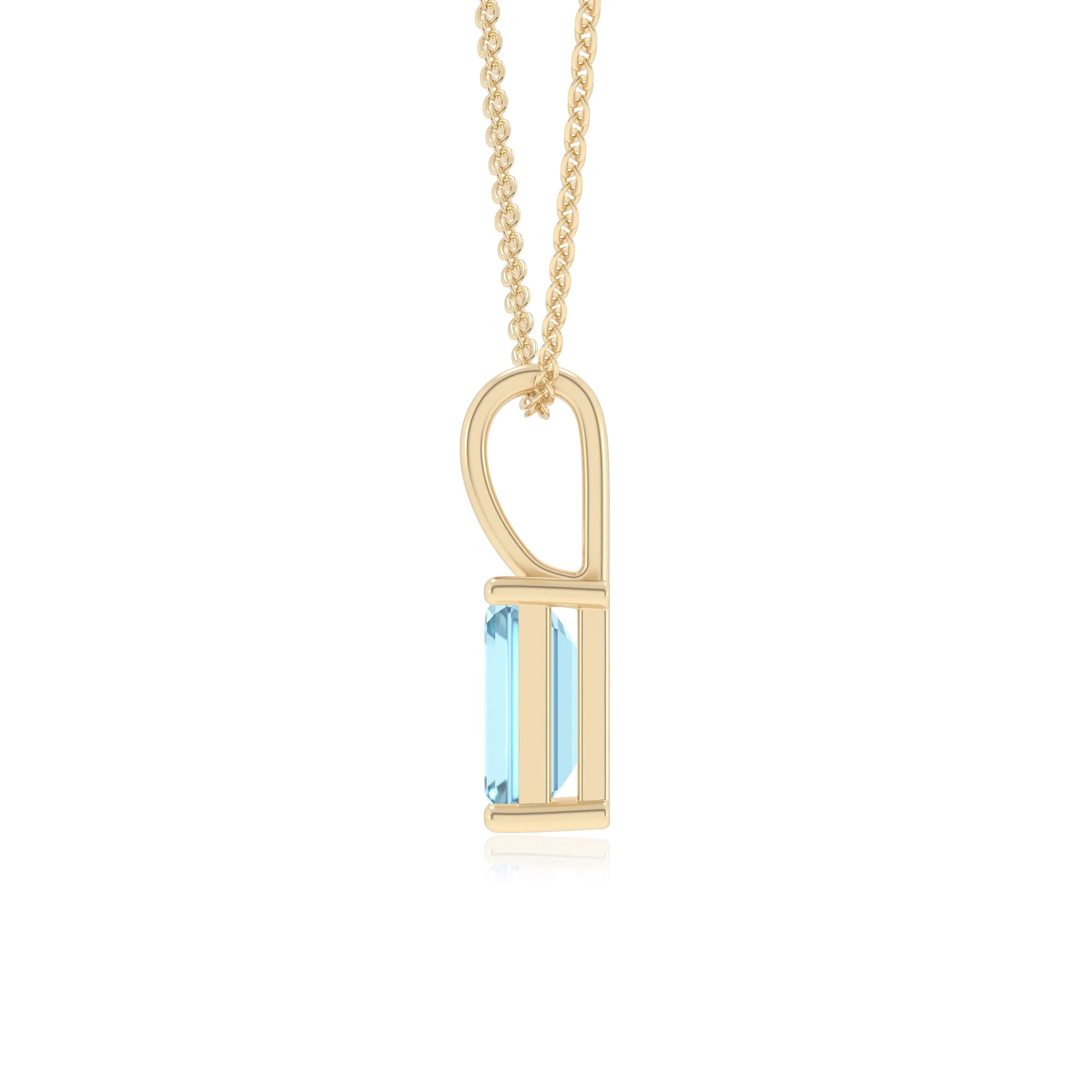 lab grown aquamarine emerald cut solitaire necklaces in yellow gold 