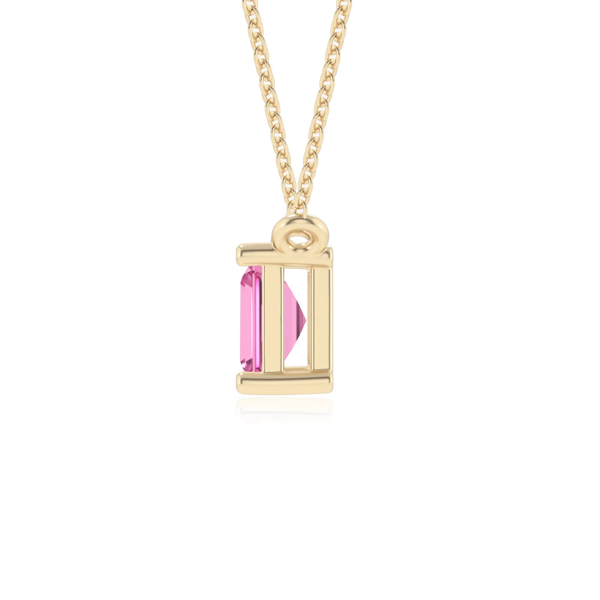 lab grown pink-sapphire emerald cut solitaire necklaces in yellow gold 