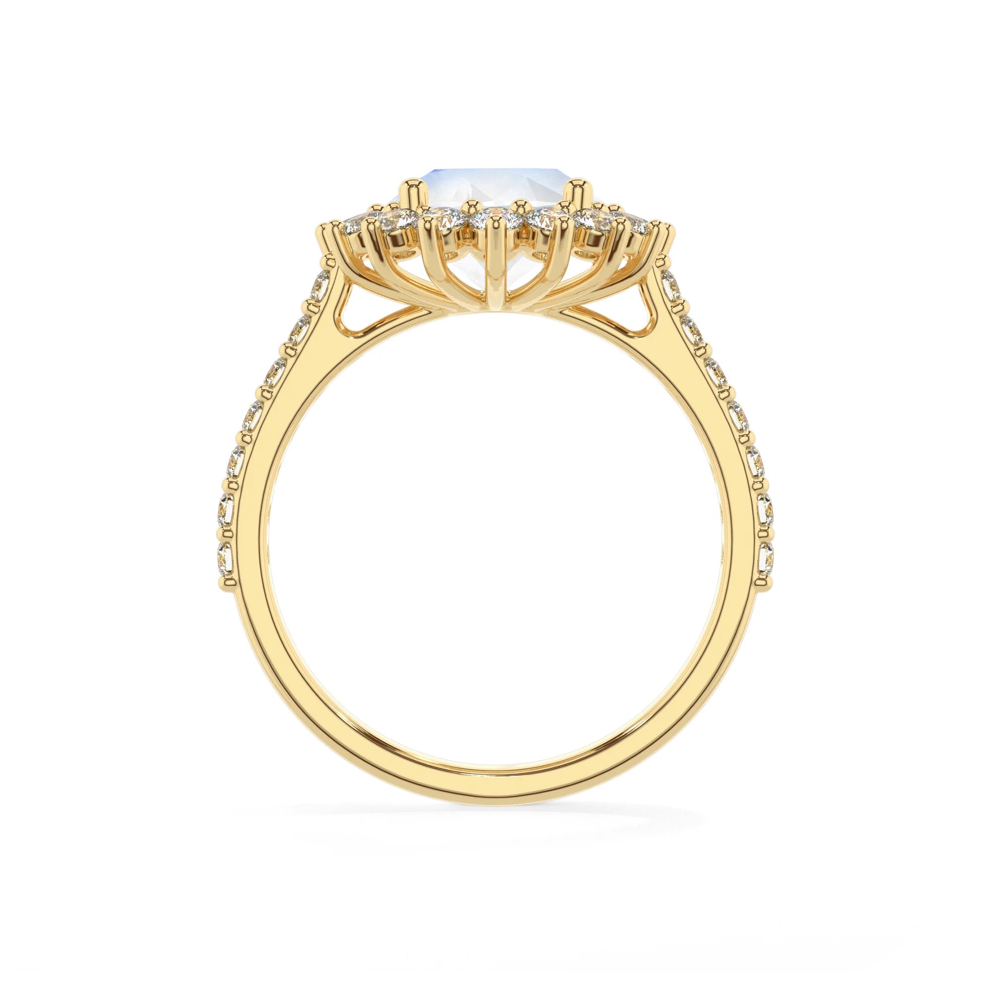 natural rainbow-moonstone round solitaire rings in yellow gold 