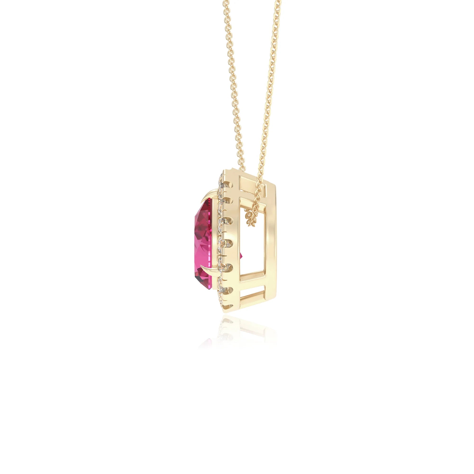 lab grown pink sapphire pear solitaire necklaces in yellow gold 