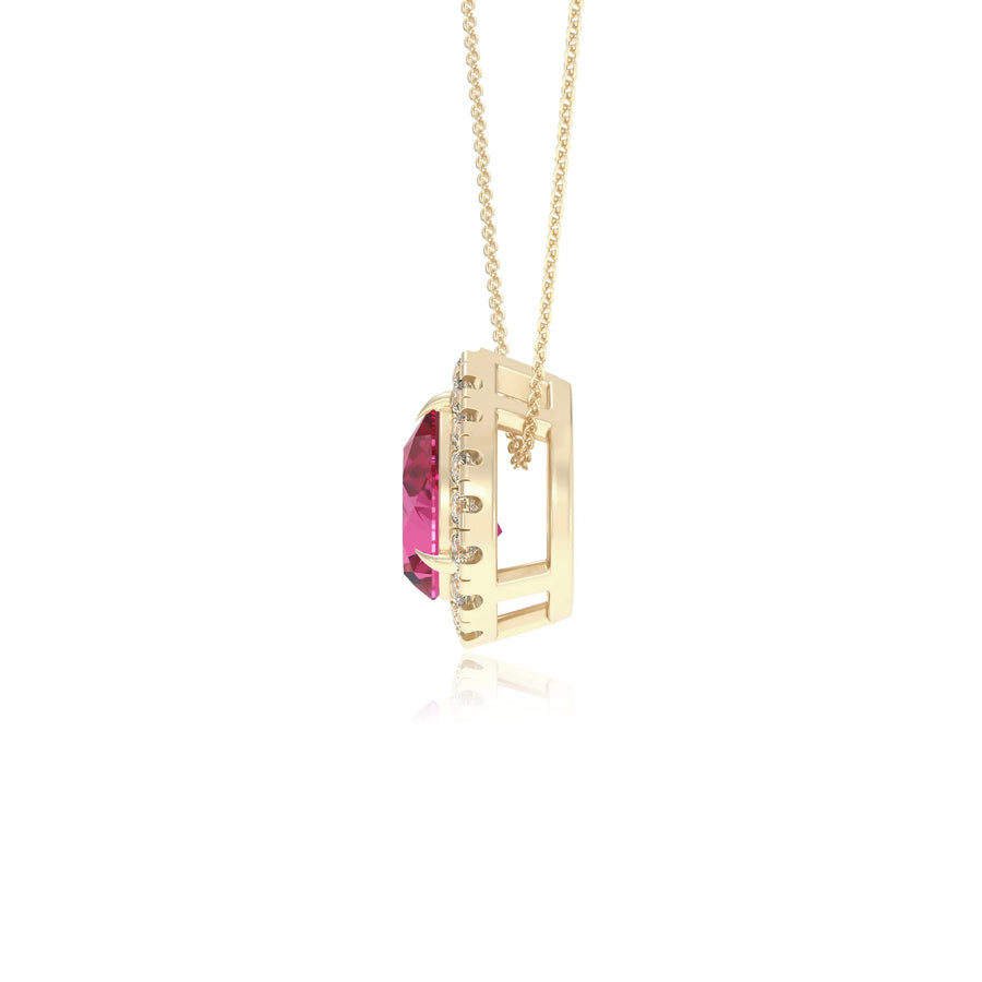 lab grown pink sapphire pear solitaire necklaces in yellow gold 