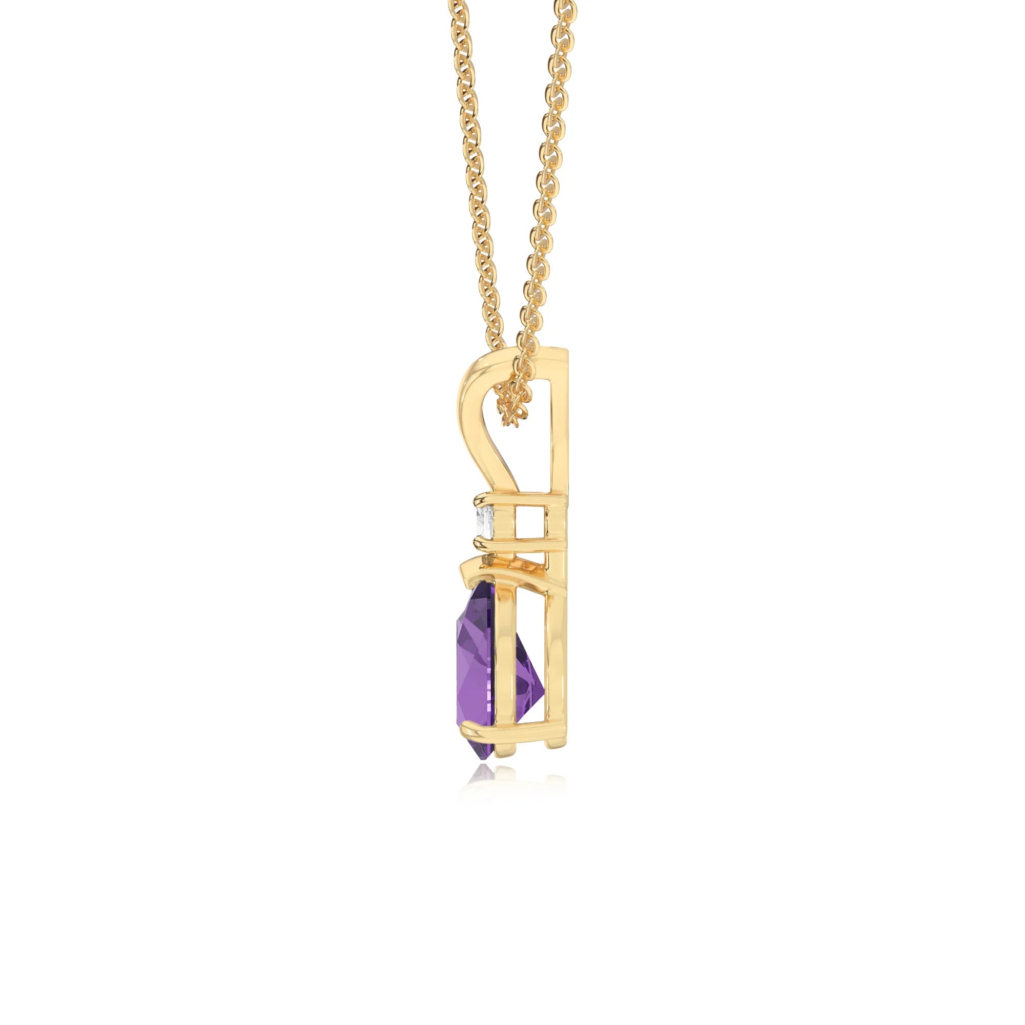 lab grown amethyst pear solitaire v-bale necklaces in yellow gold 