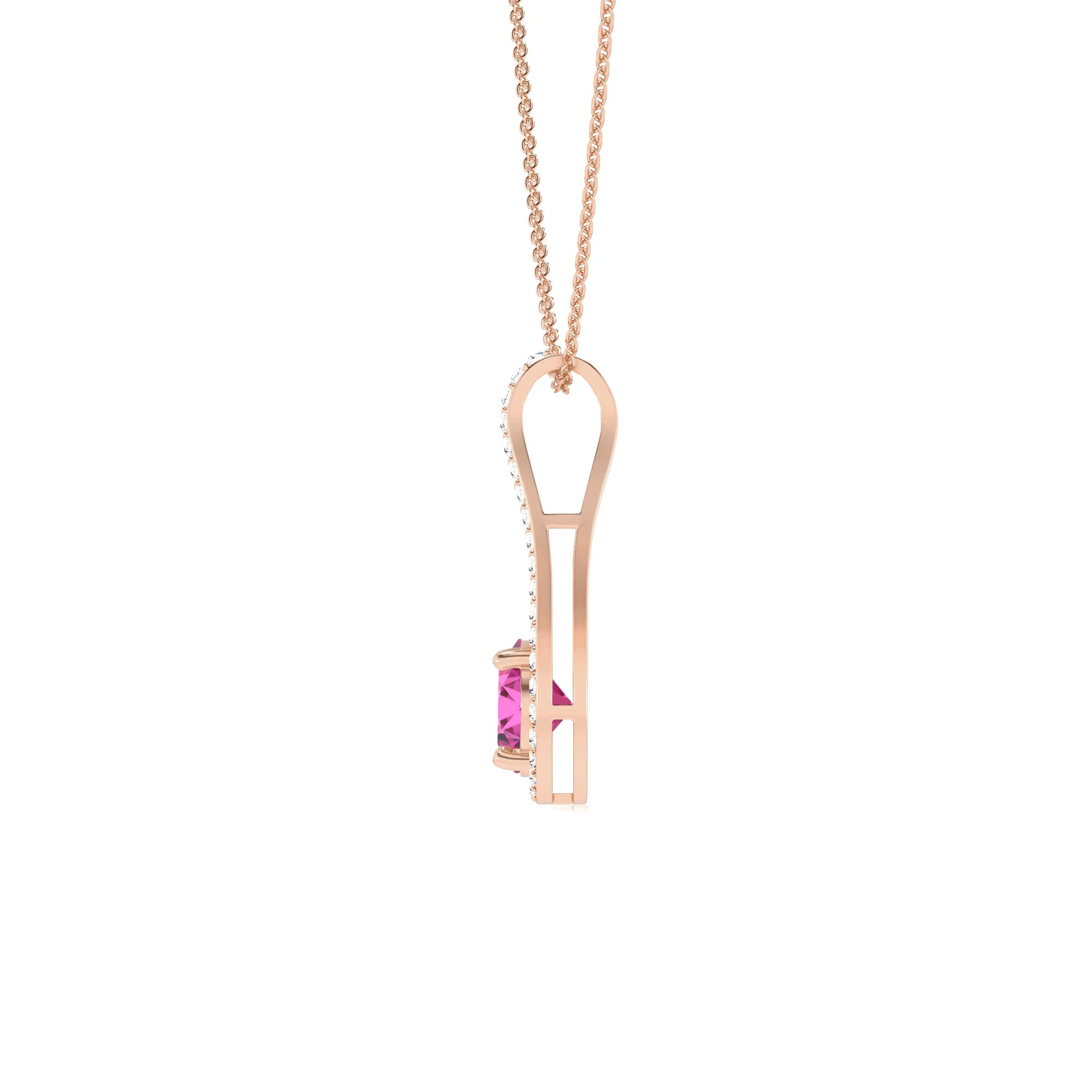 lab grown pink-sapphire round solitaire v-bale necklaces in rose gold 