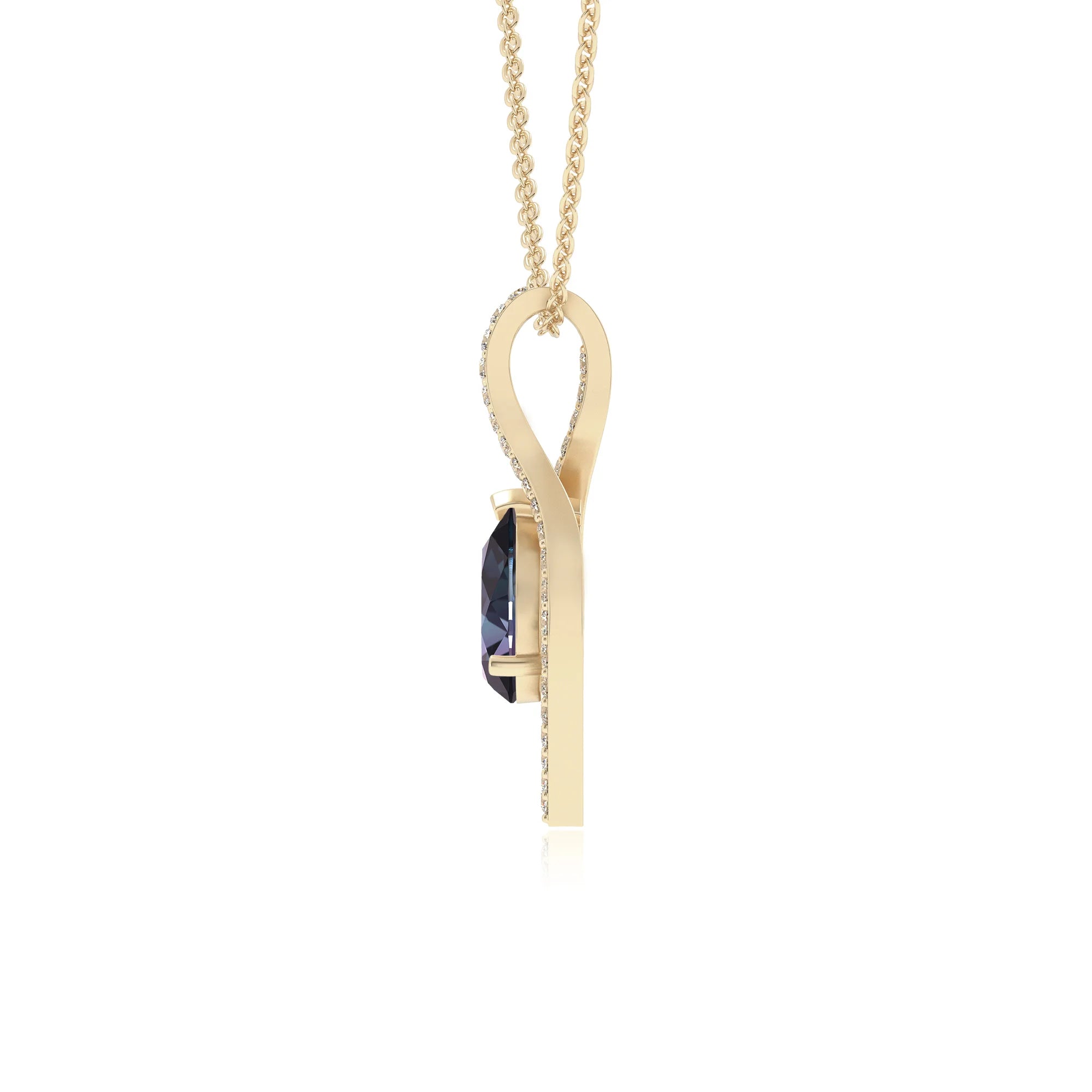 lab grown alexandrite pear infinity necklaces in yellow gold 