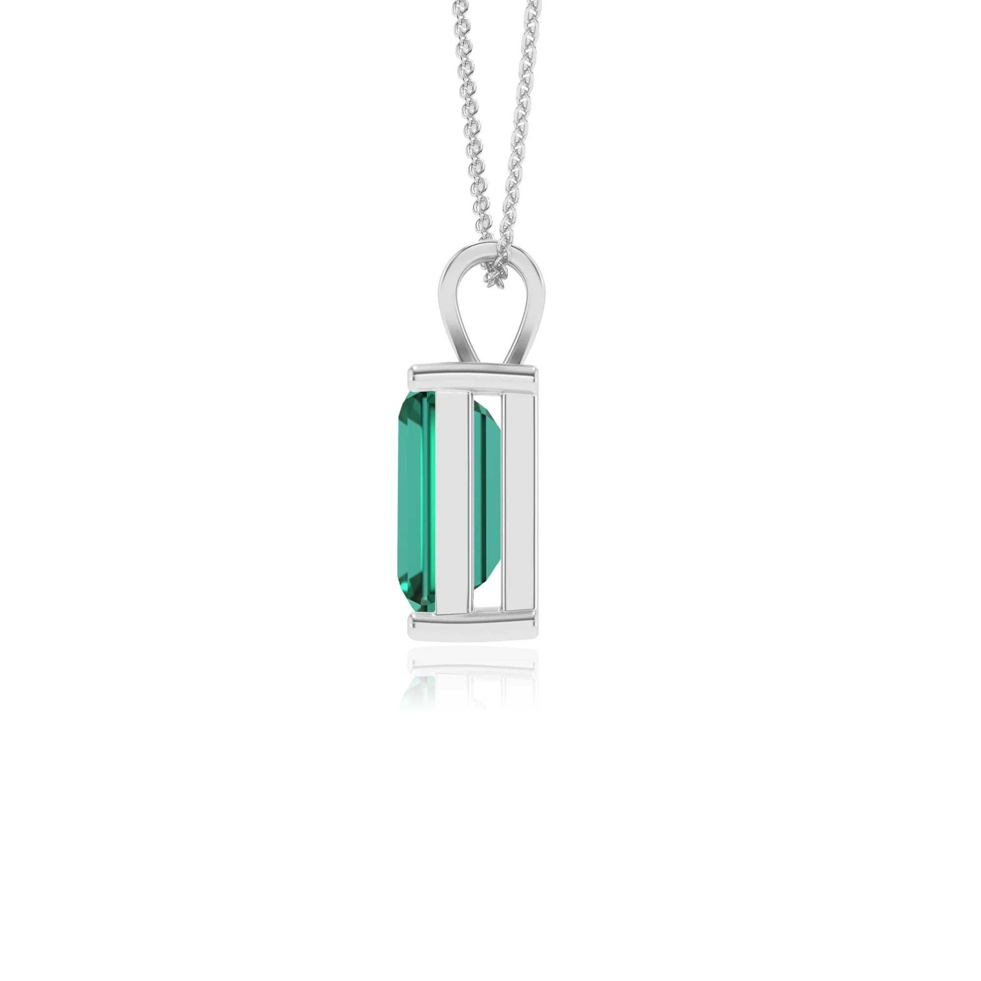 lab grown emerald octogon cut solitaire v-bale necklaces in white gold 