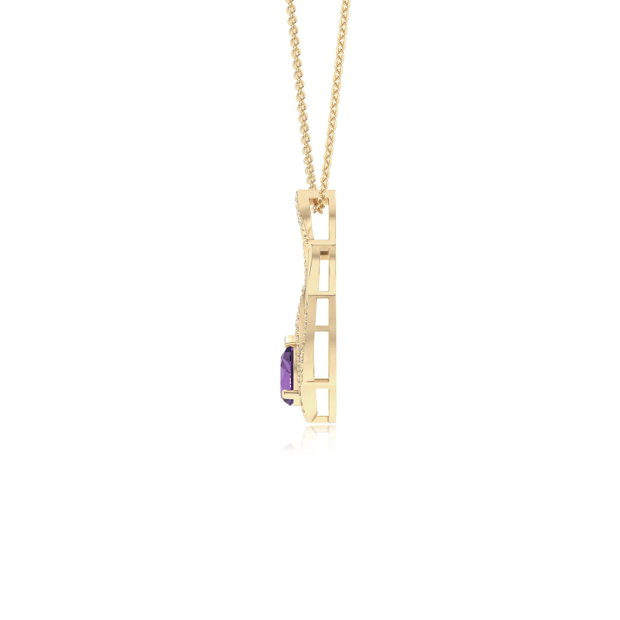 lab grown amethyst pear solitaire necklaces in yellow gold 
