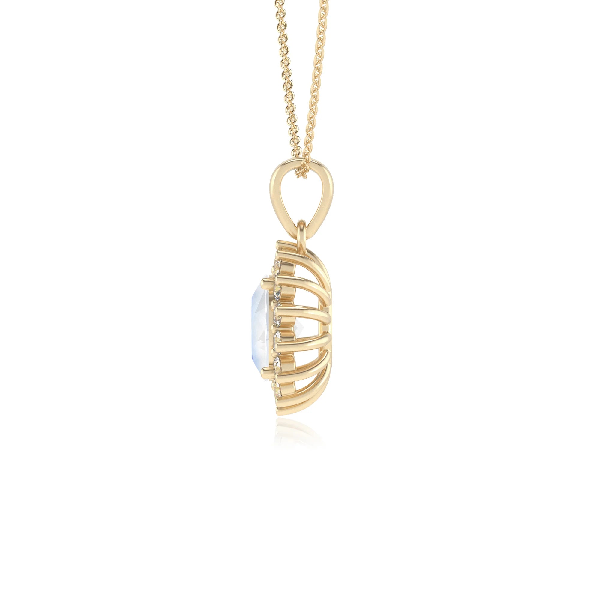 natural rainbow-moonstone oval halo necklaces in yellow gold 