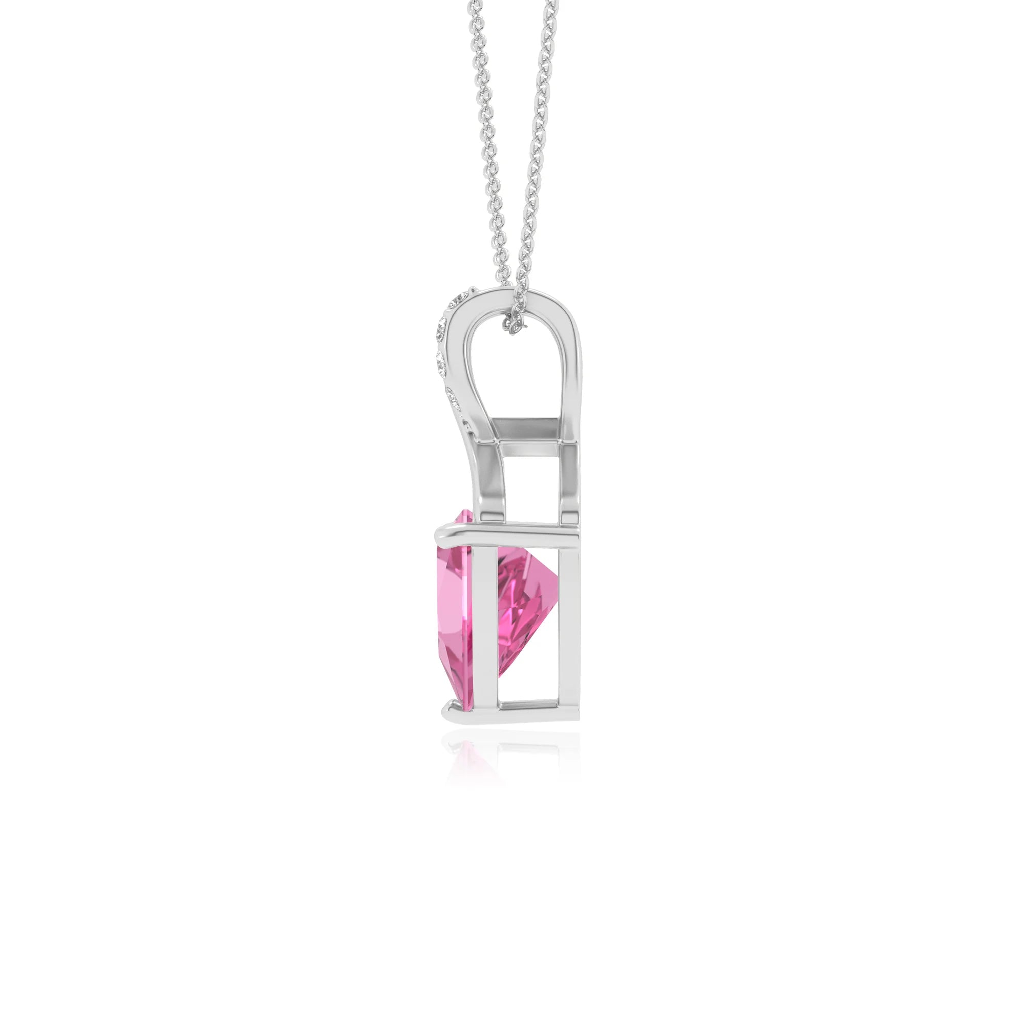 lab grown pink-sapphire trillion solitaire necklaces in platinum 