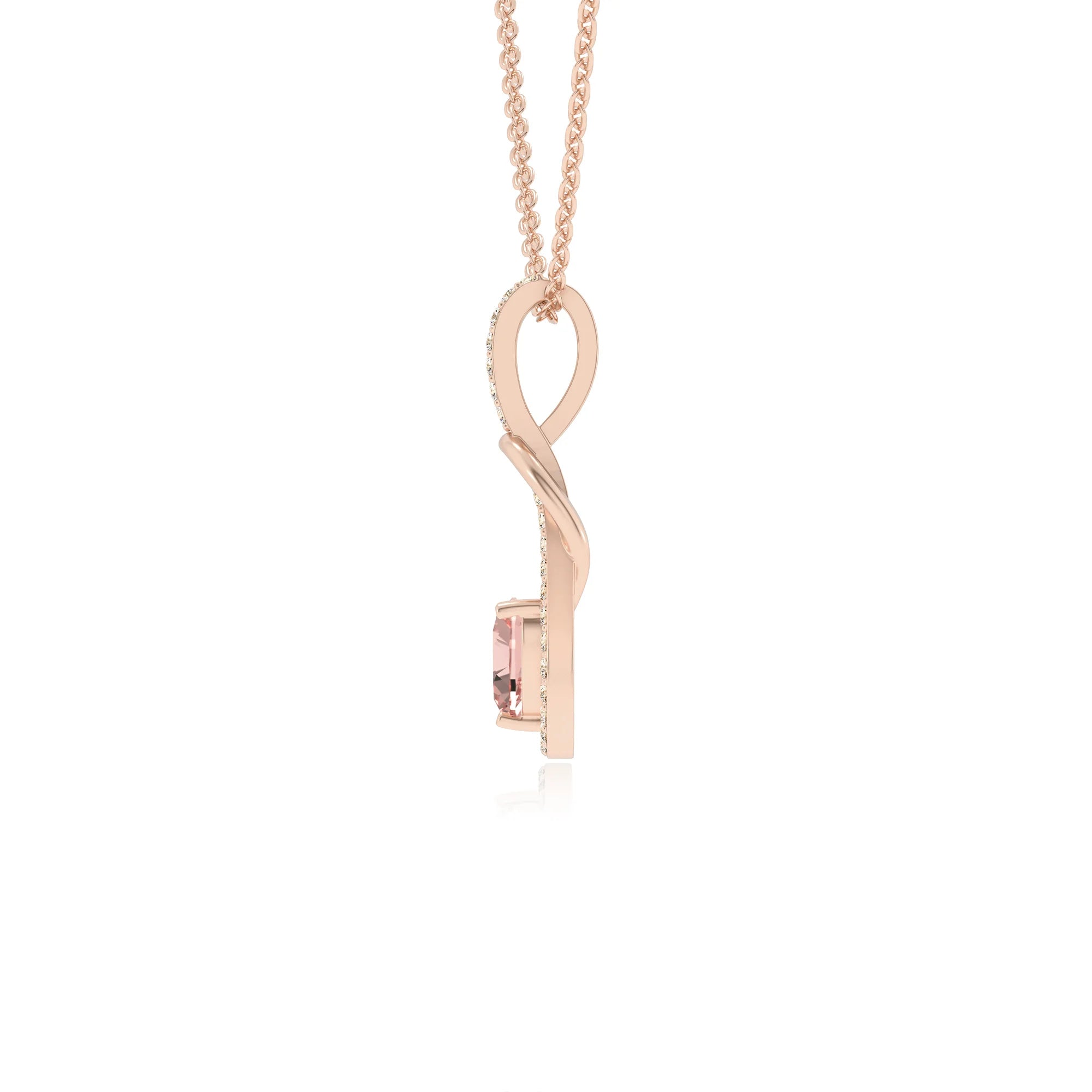 lab grown morganite heart infinity  v-bale necklaces in rose gold 