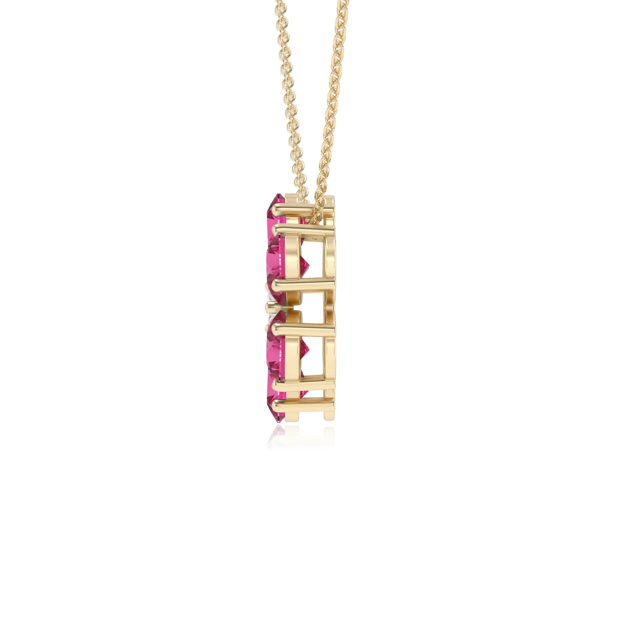 lab grown pink-sapphire pear solitaire necklaces in yellow gold 