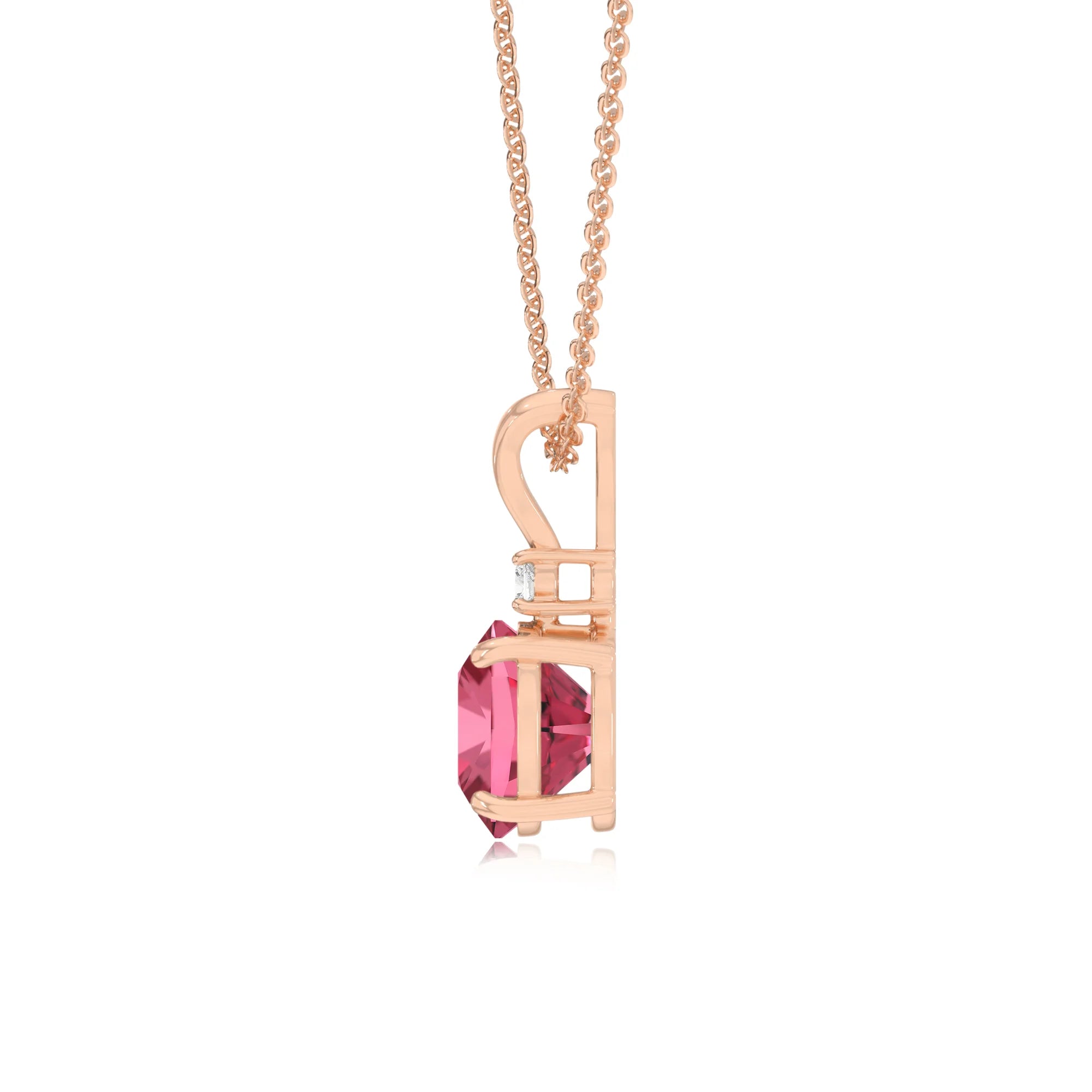 lab grown pink-tourmaline cushion solitaire v-bale necklaces in rose gold 