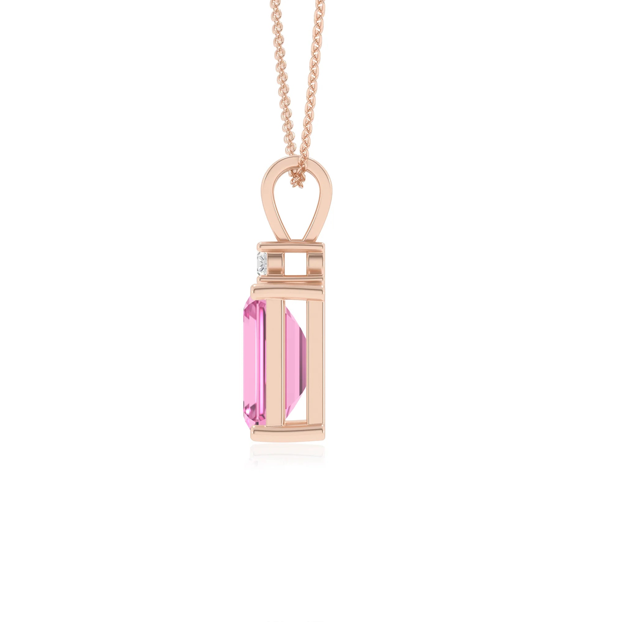 lab grown pink-sapphire emerald cut solitaire v-bale necklaces in rose gold 