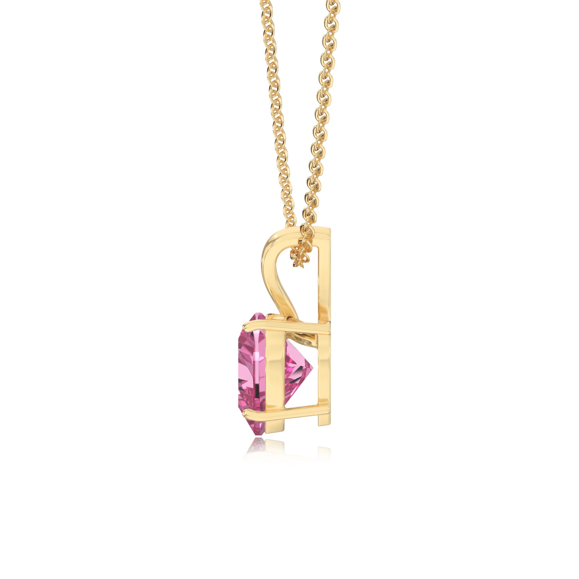 lab grown pink-sapphire heart solitaire v-bale necklaces in yellow gold 