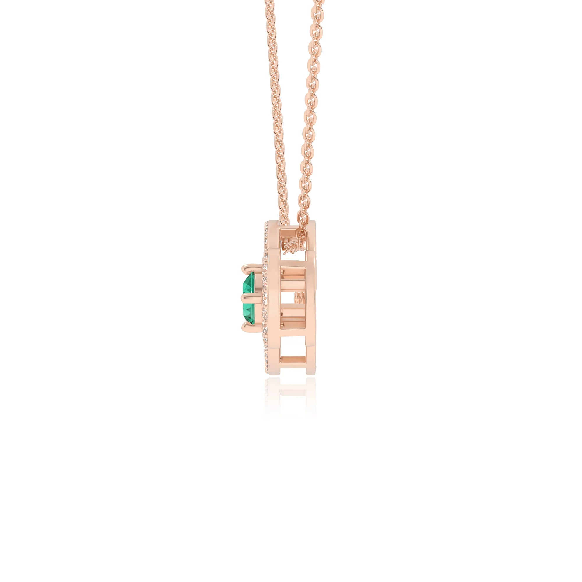 lab grown emerald round solitaire necklaces in rose gold 