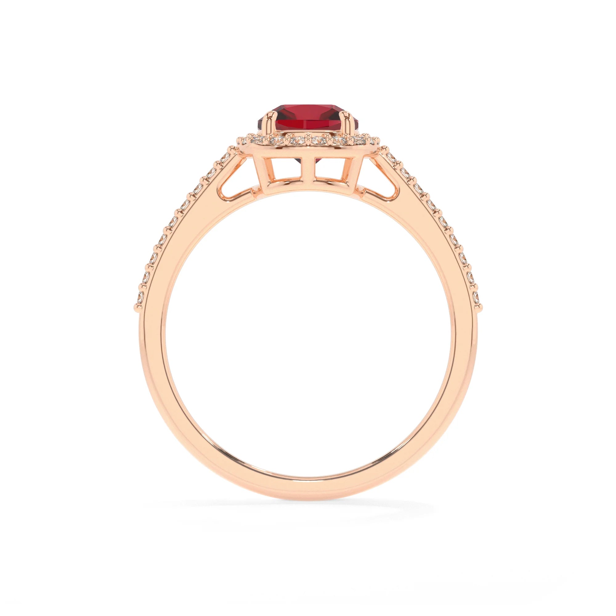 lab grown ruby cushion solitaire rings in rose gold 