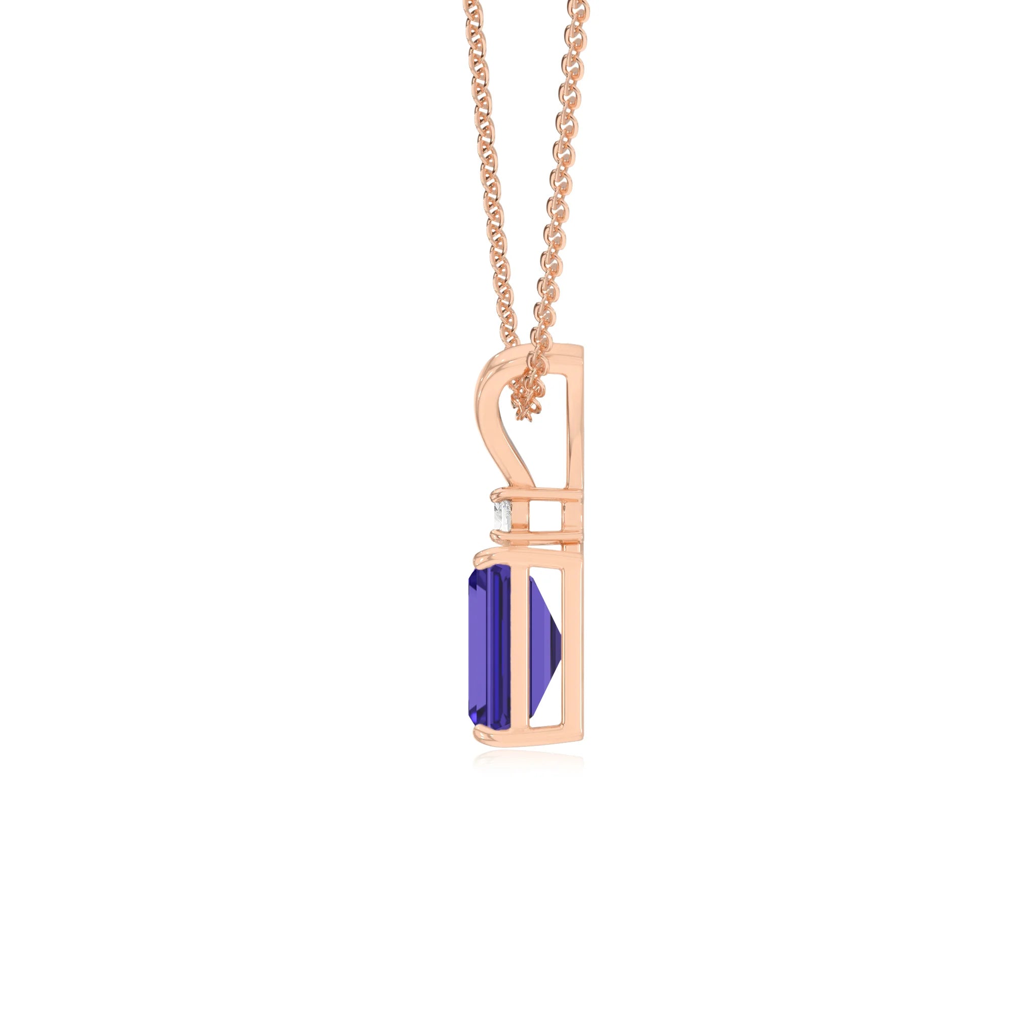lab grown tanzanite emerald cut solitaire v-bale necklaces in rose gold 