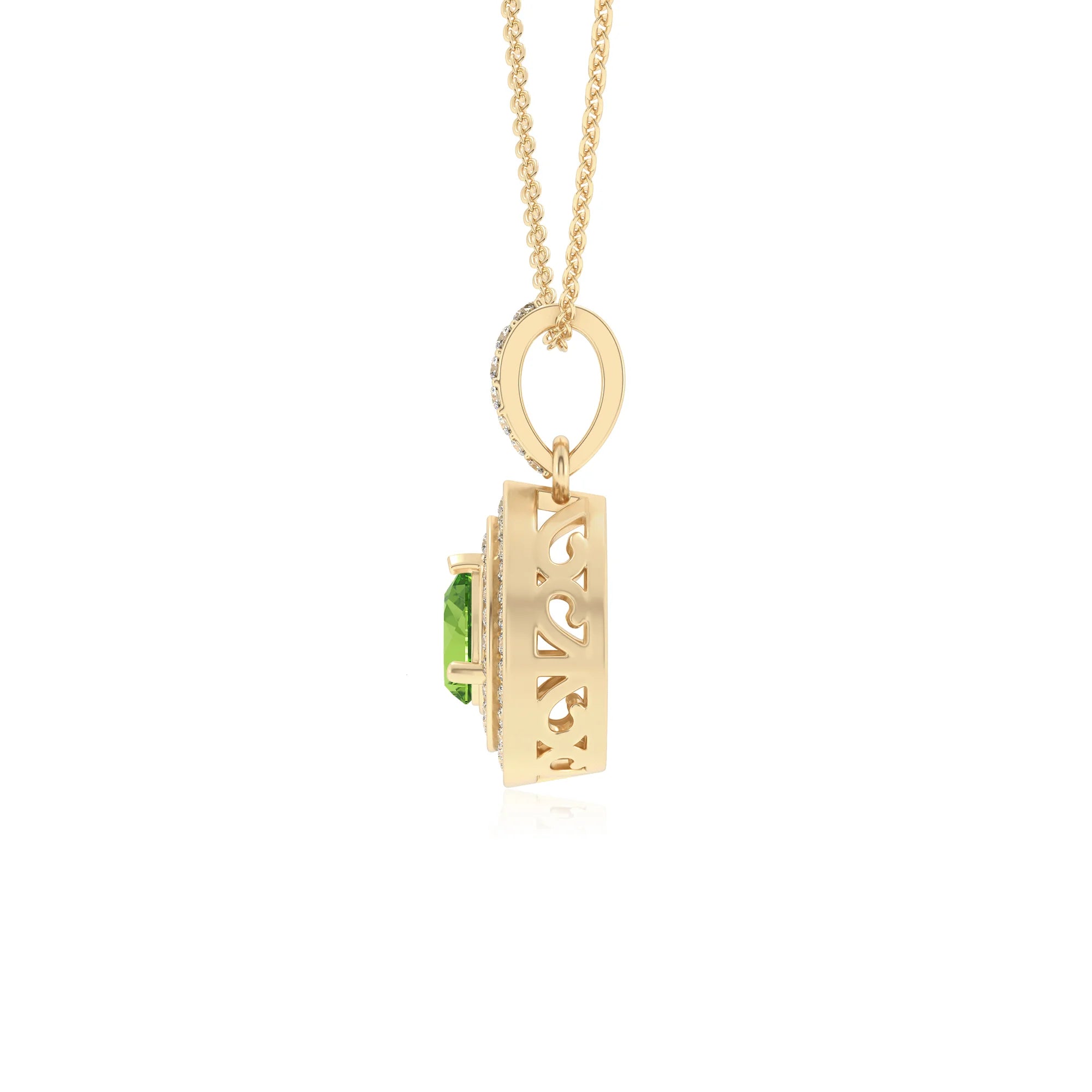 natural peridot pear halo necklaces in yellow gold 