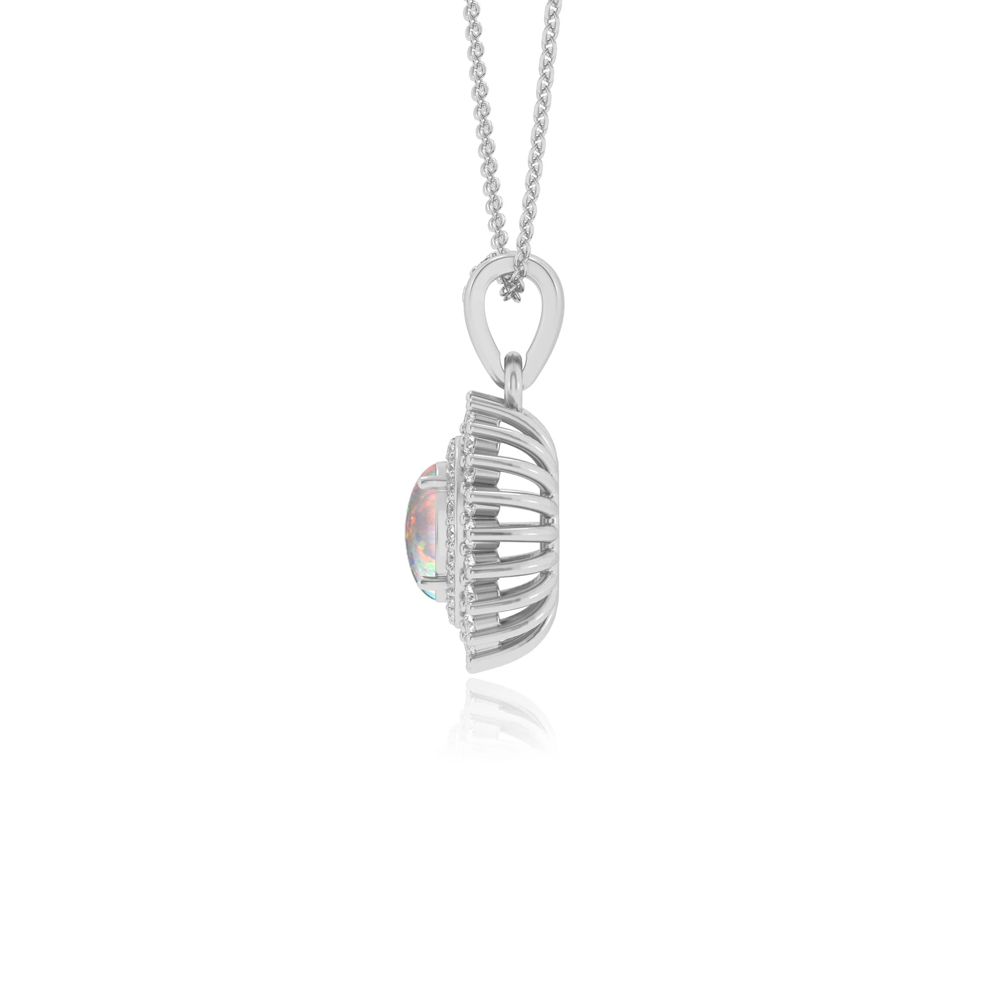 lab grown opal oval halo necklaces in platinum 