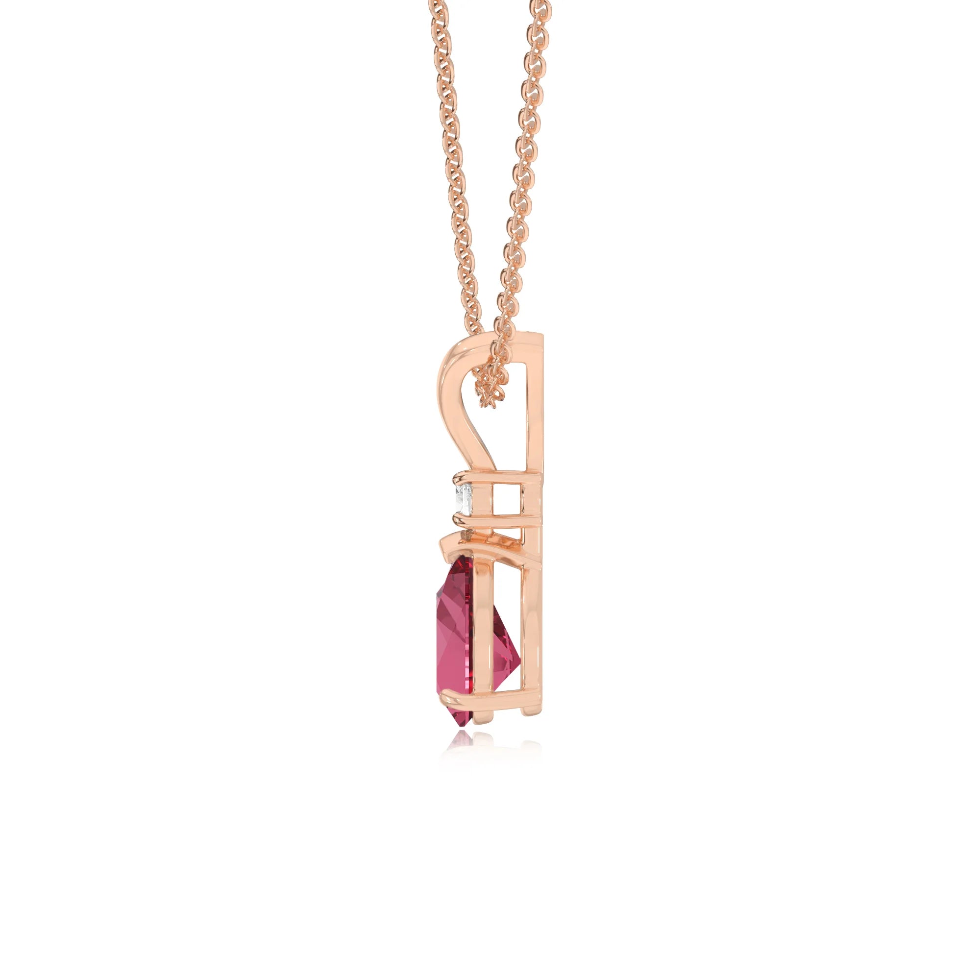 lab grown pink-tourmaline pear solitaire v-bale necklaces in rose gold 