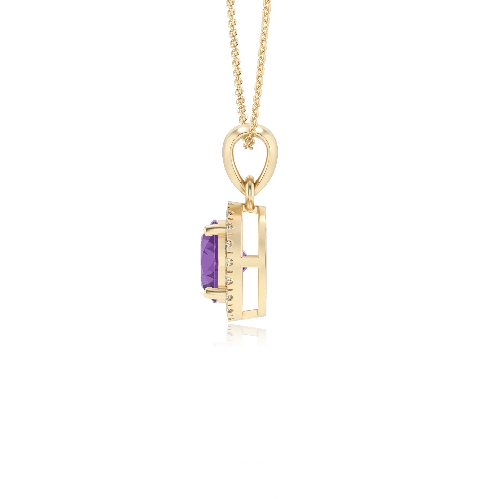 lab grown amethyst round solitaire necklaces in yellow gold 