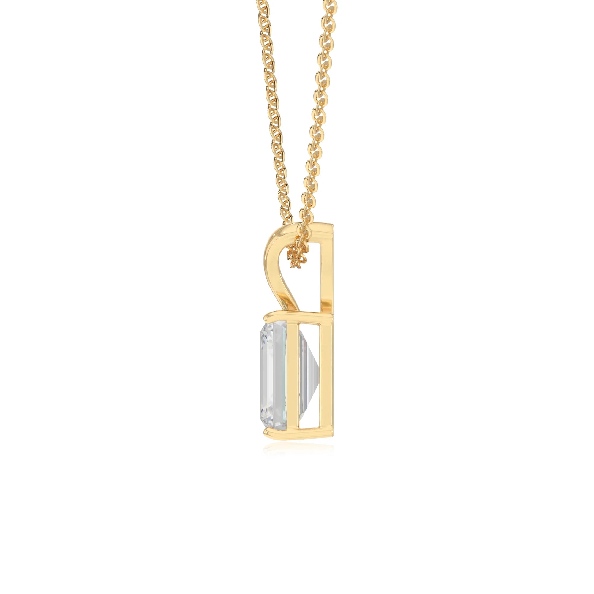 lab grown moissanite emerald cut solitaire v-bale necklaces in yellow gold 