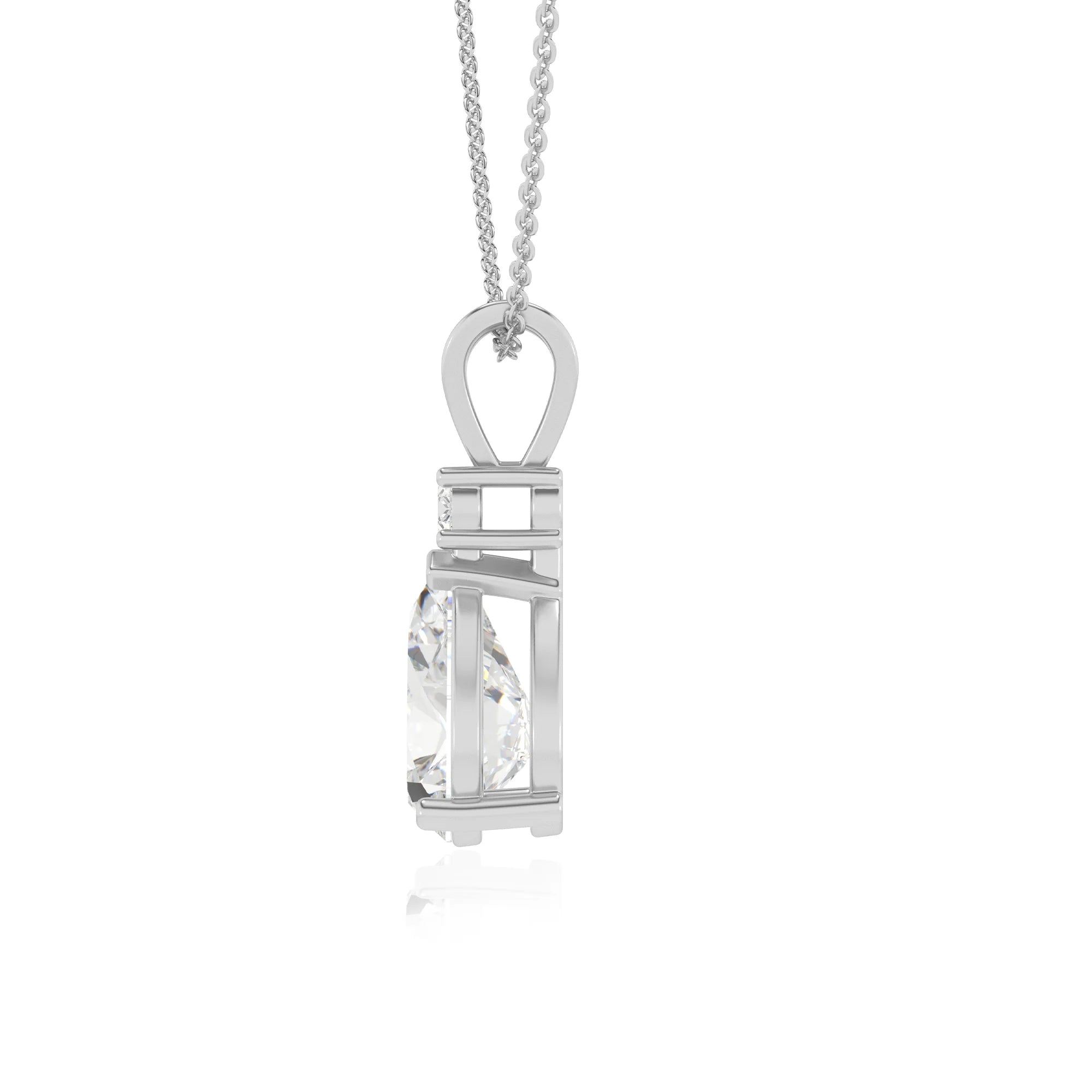 lab grown moissanite pear solitaire v-bale necklaces in sterling silver 